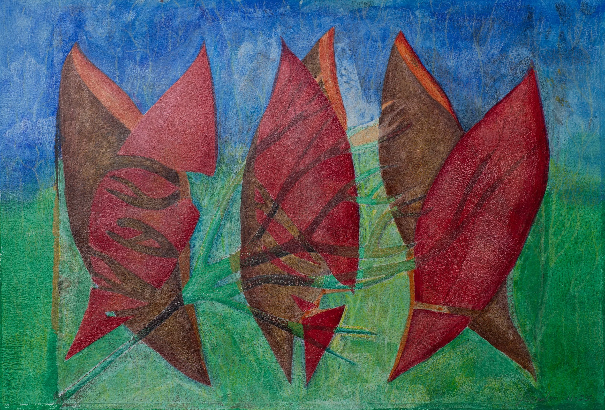 "Three Red Magnolia Leaves in a Landscape", Acrylic Monoprint and Painting and Colored Pencil on Paper, 14"x12", 2026