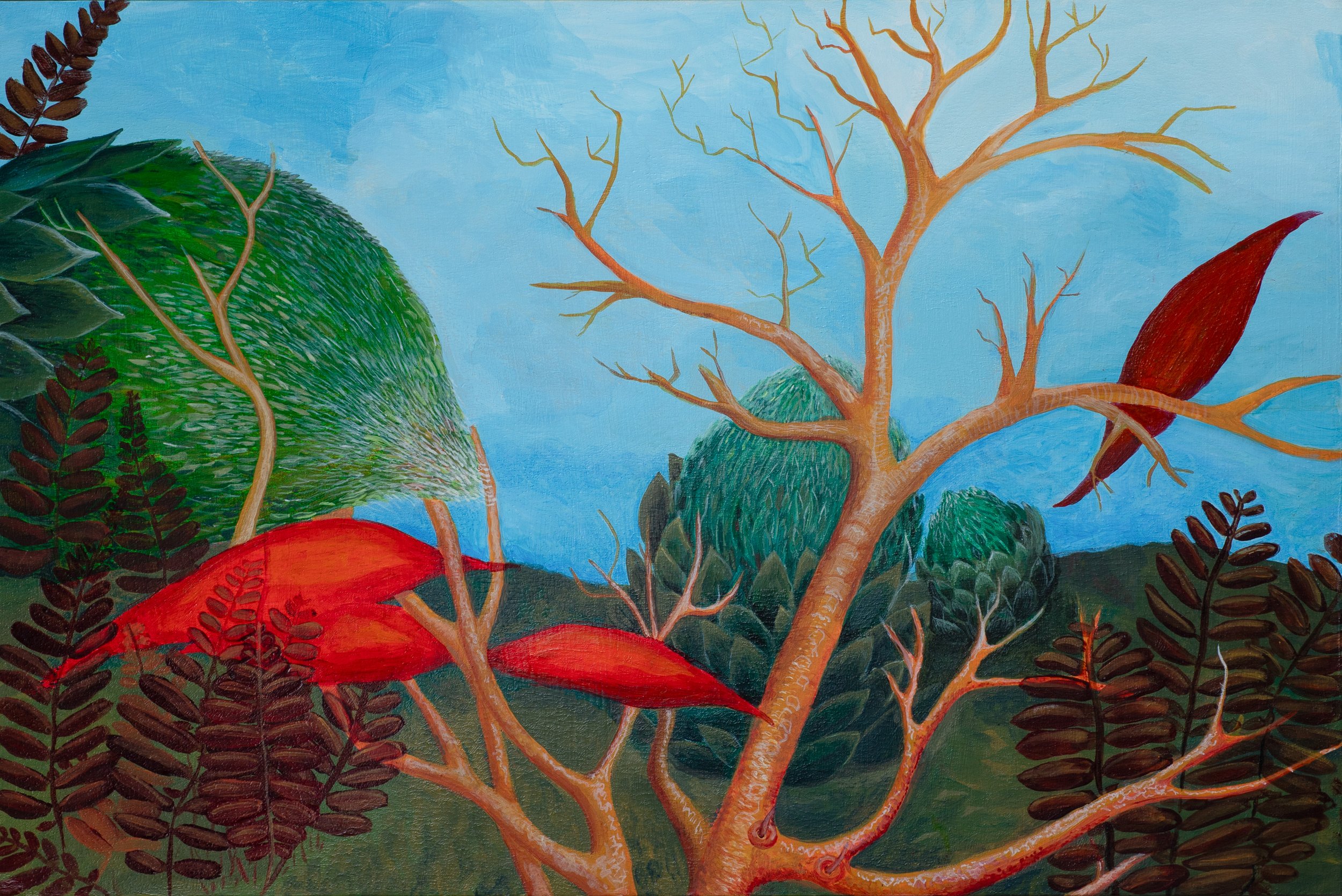 "Bird Leaf on Yellow Branch", Acrylic Painting on Paper, 18"x12", 2026