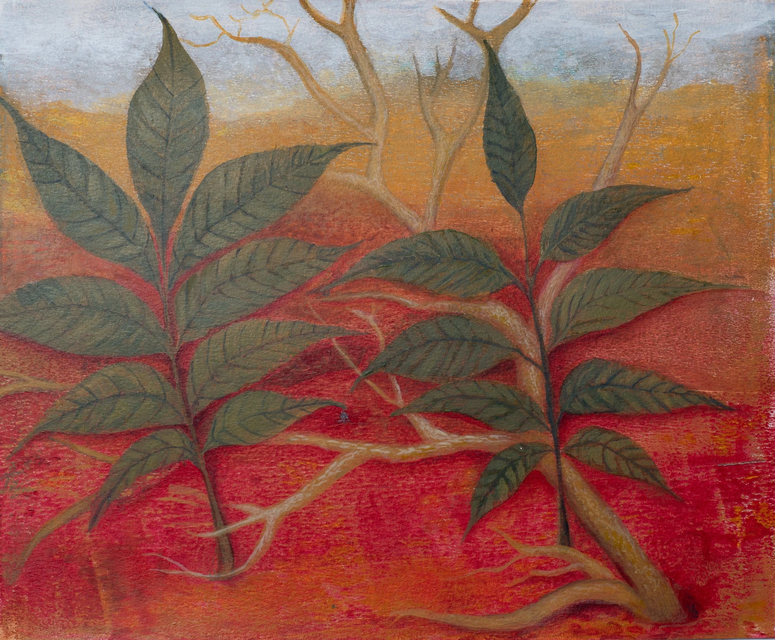 "First Branch Pecan Leaves" Acrylic Painting and Monoprint on Paper, 14"x11.5", 2026