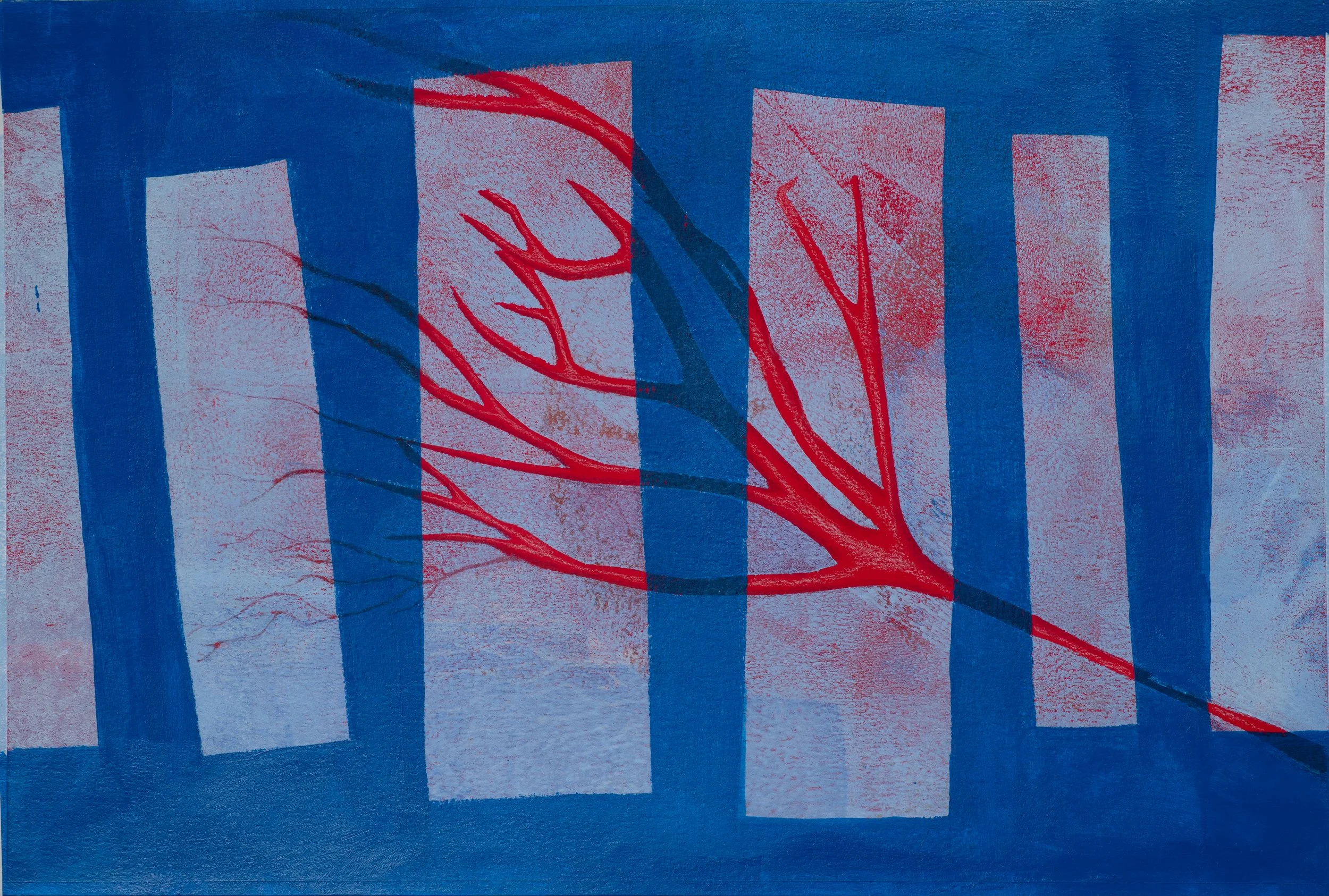 "Six Blue Rectangles and One Red Tree", Acrylic Monoprint and Colored Pencil, 18"x12", 2025