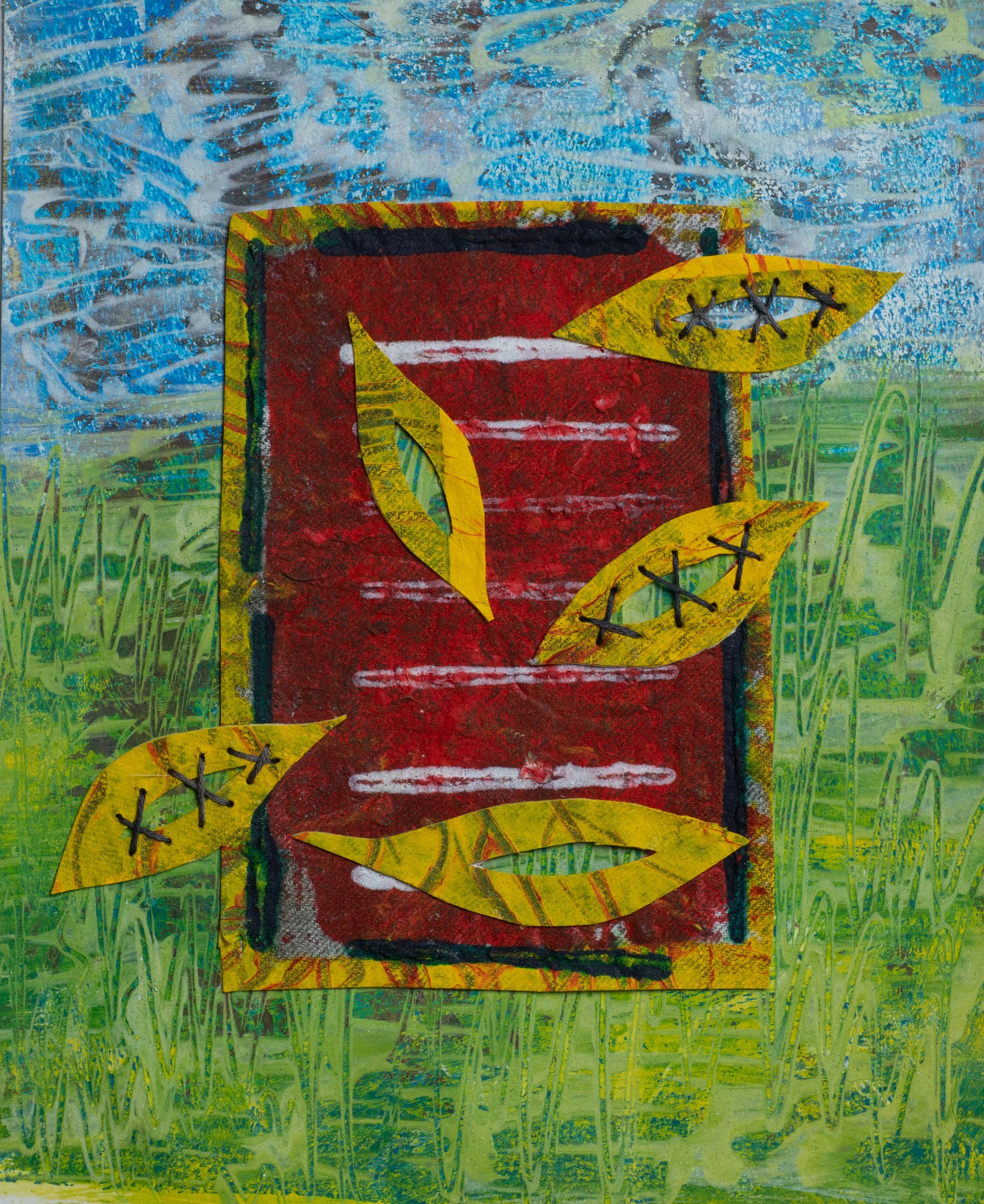 "Five Yellow Leaves", Acrylic Monoprint on Paper, Stitching, Collage, 8"x9.5", 2025