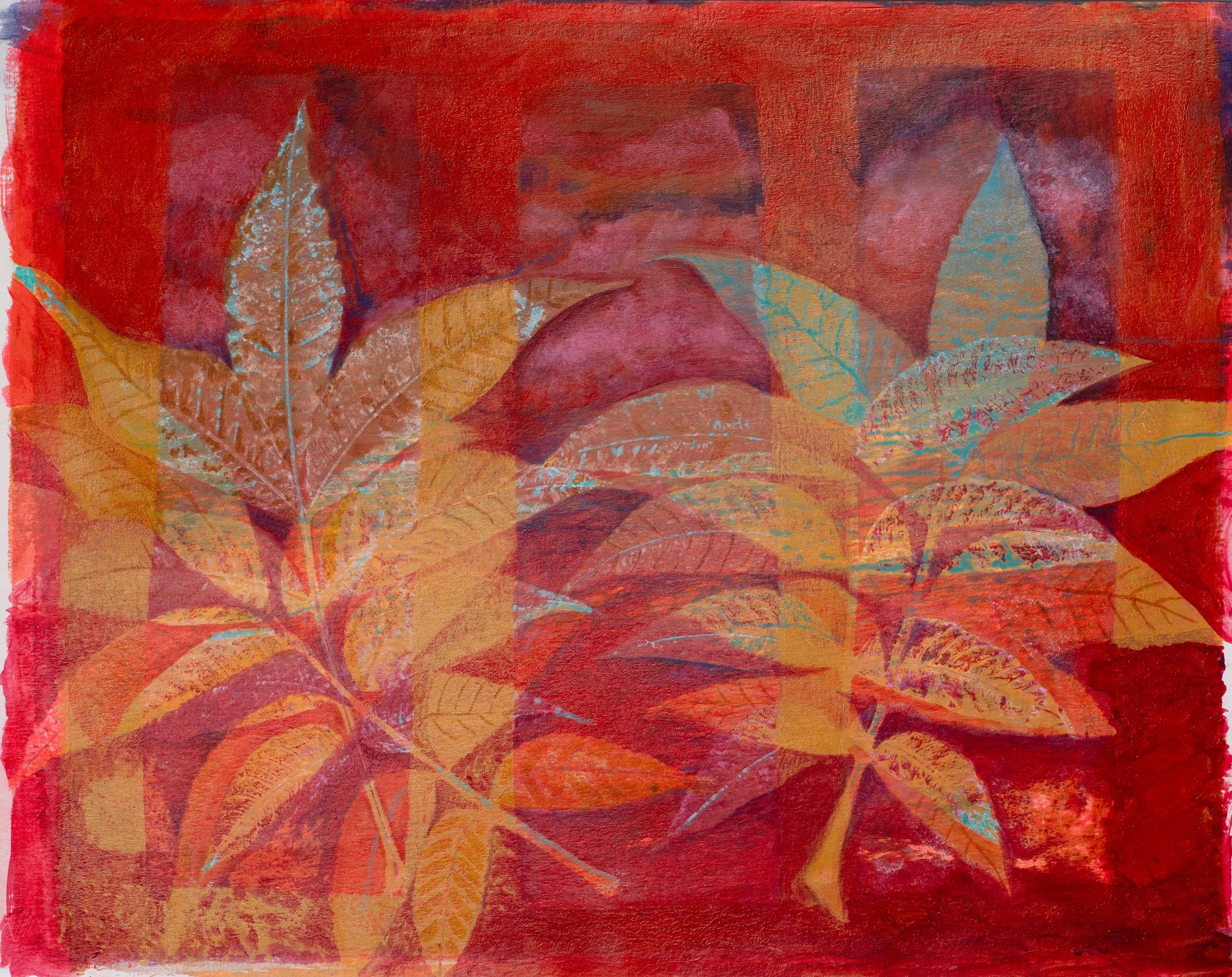 "Two Orange Pecan Leaves, Three Rectangles", Acrylic Monoprint and Painting on Paper, 14"x12", 2026