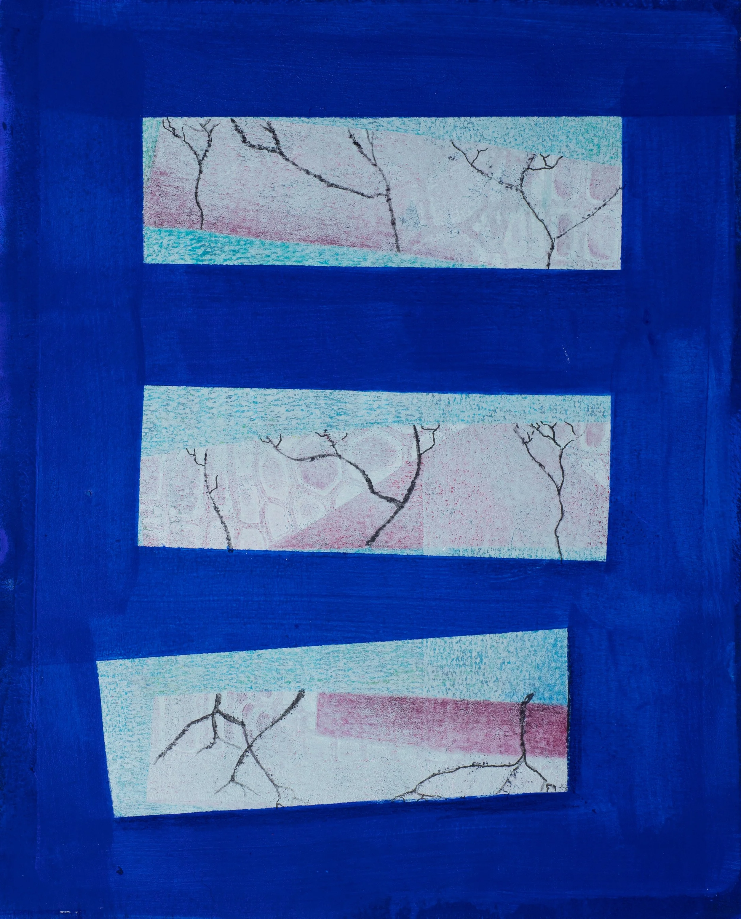 "Velvet Blue Three Rectangles", Acrylic Monoprint on Paper, 8.5"x11", 2025