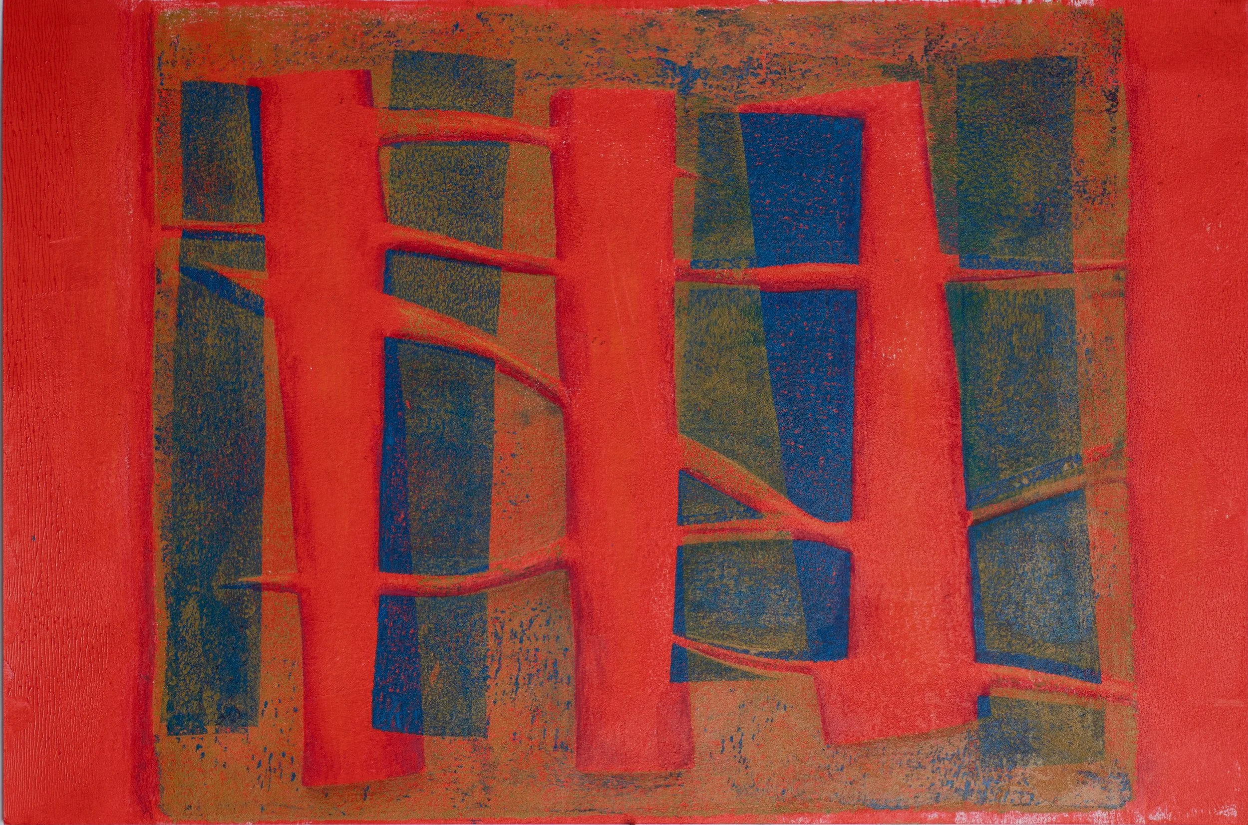 "Three Connected Orange Trees", Acrylic Monoprint and Colored Pencil, 18"x12", 2025