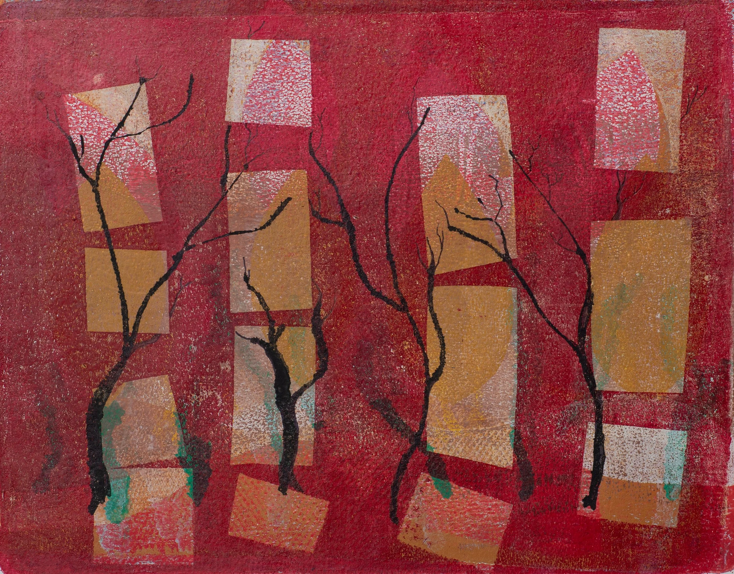 "Dancing Rectangles and Black Trees", Acrylic Monoprint and Painting on Paper, 10"x8", 2025