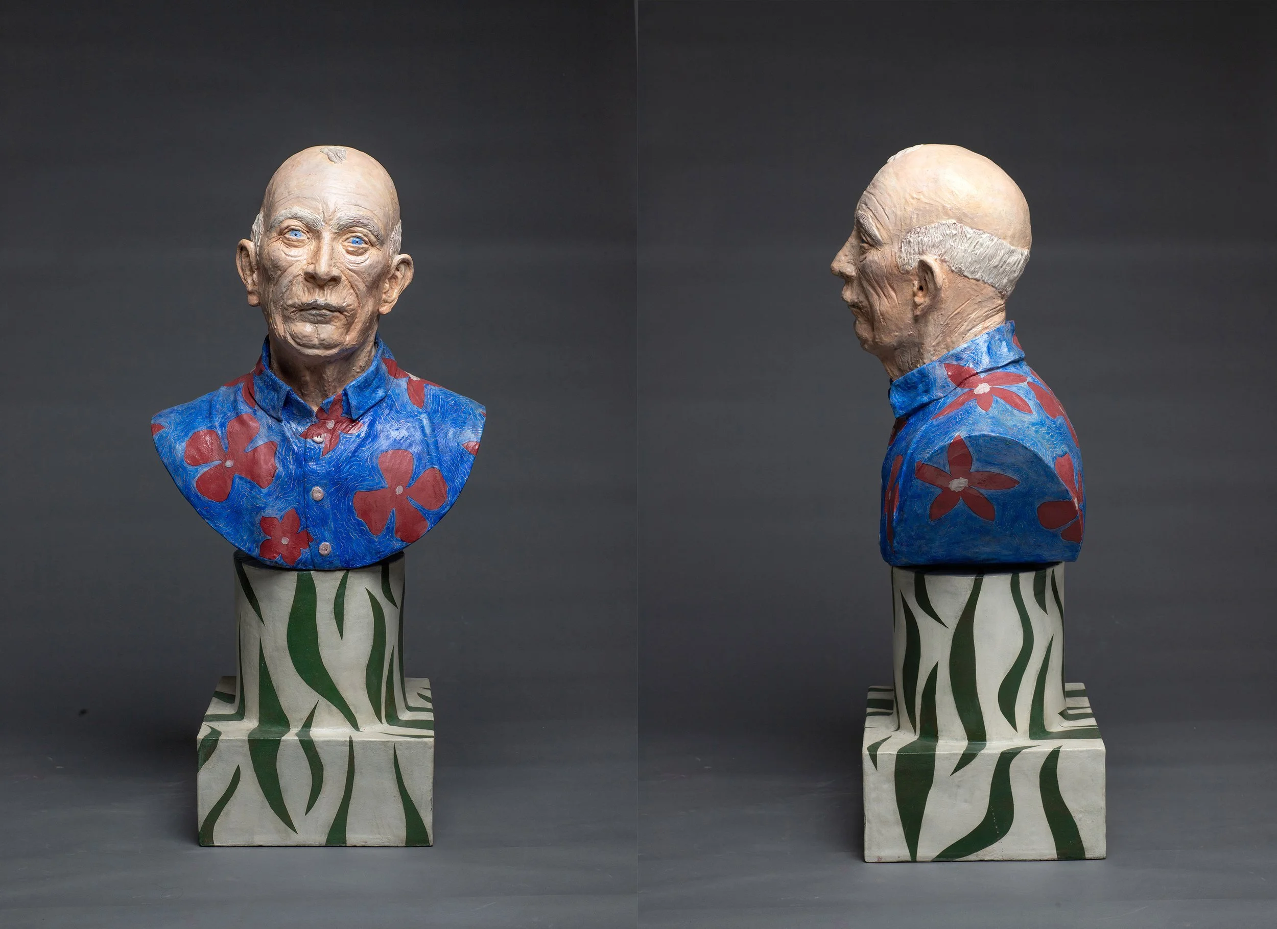 "Man Blue Shirt Red Flowers", Ceramic, Underglaze, Glaze, 2025