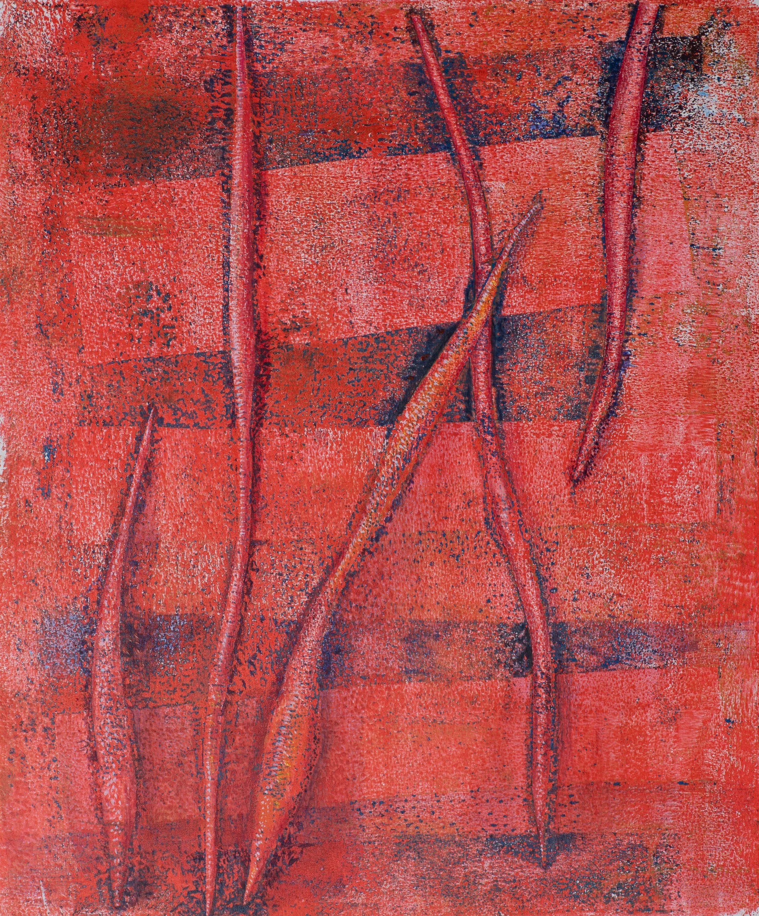 "Five Orange String Beans", Acrylic Monoprint on Paper and Colored Pencil, 11.5"x14", 2025