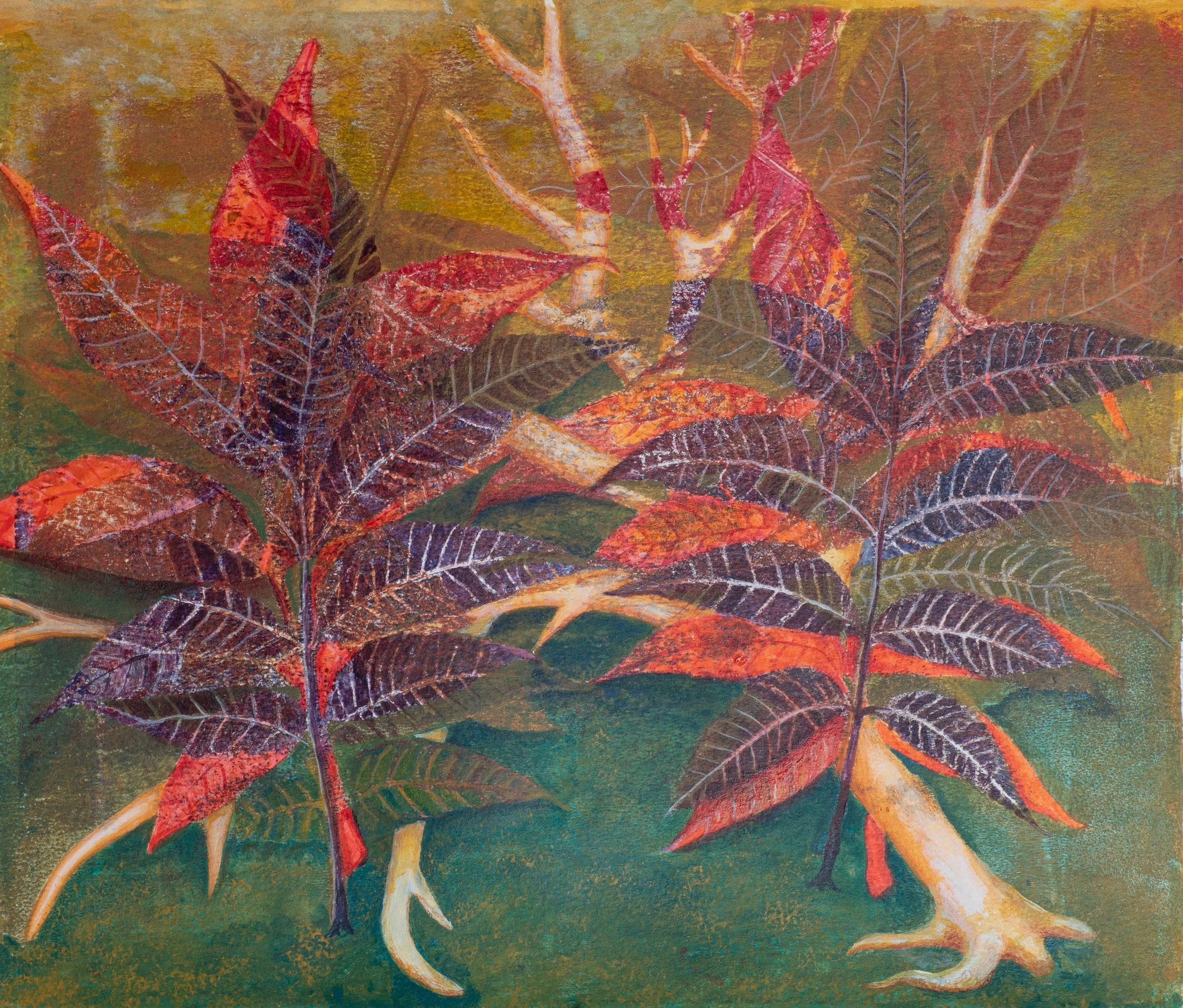 "Two Fuzzy Pecan Leaves and a Branch", Acrylic Monoprint and Painting on Paper, 18"x12", 2026