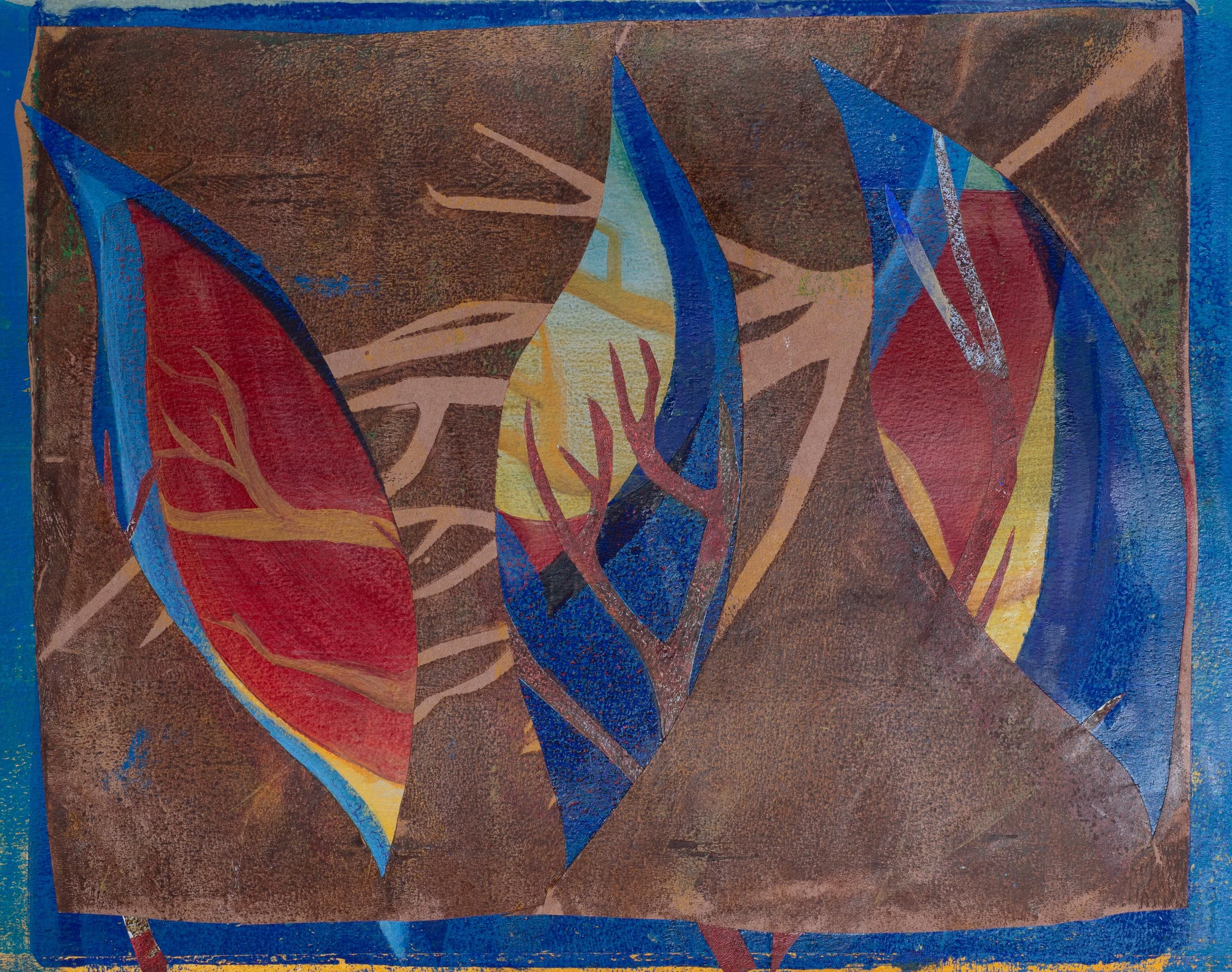 "Three Leaves and a Branch", Acrylic Monoprint and Painting on Paper, 18"x12", 2025