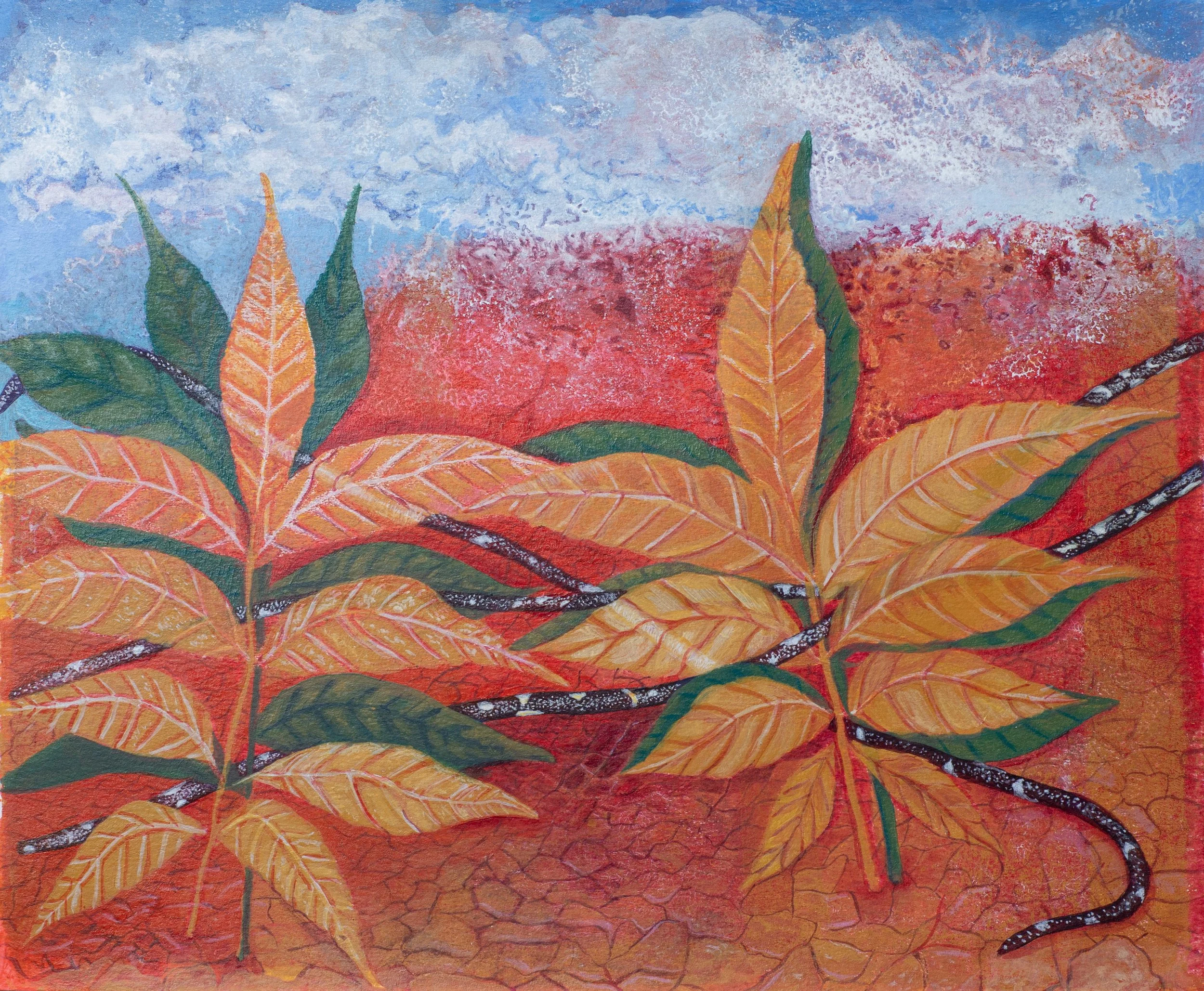 "Two Orange Pecan Leaves, Three Snake Sticks", Acrylic Monoprint and Painting on Paper, 14"x12", 2026