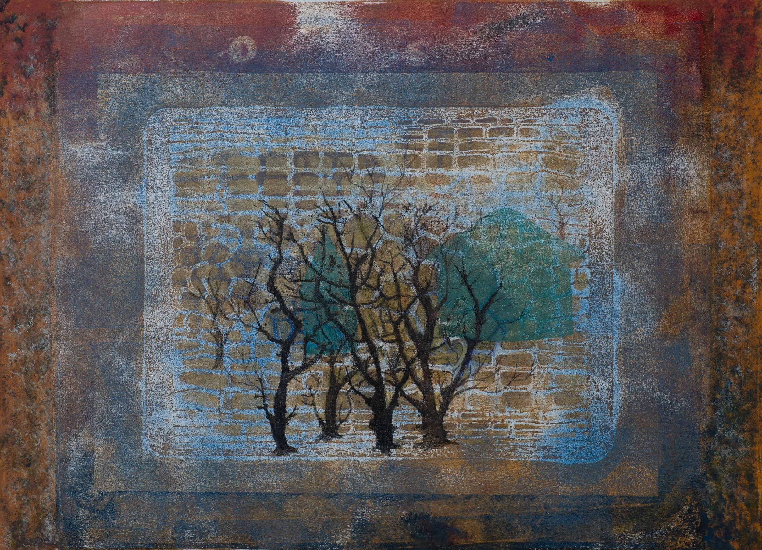 "Four Trees and Stencil", Acrylic Monoprint on Paper, 18"x12", 2025