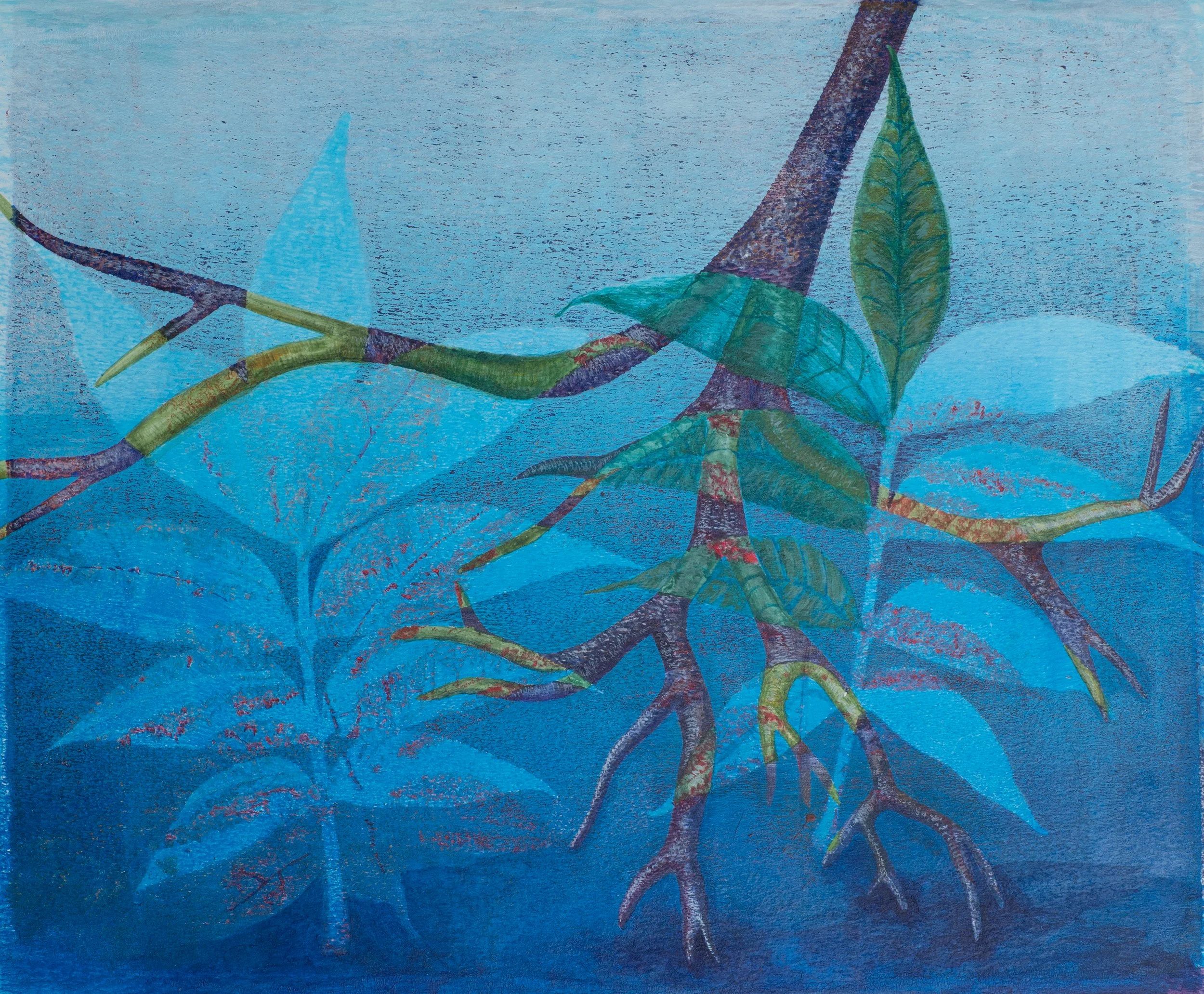 "Blue Branch Pecan Leaves", Acrylic Painting and Monoprint on Paper, 14"x12", 2026