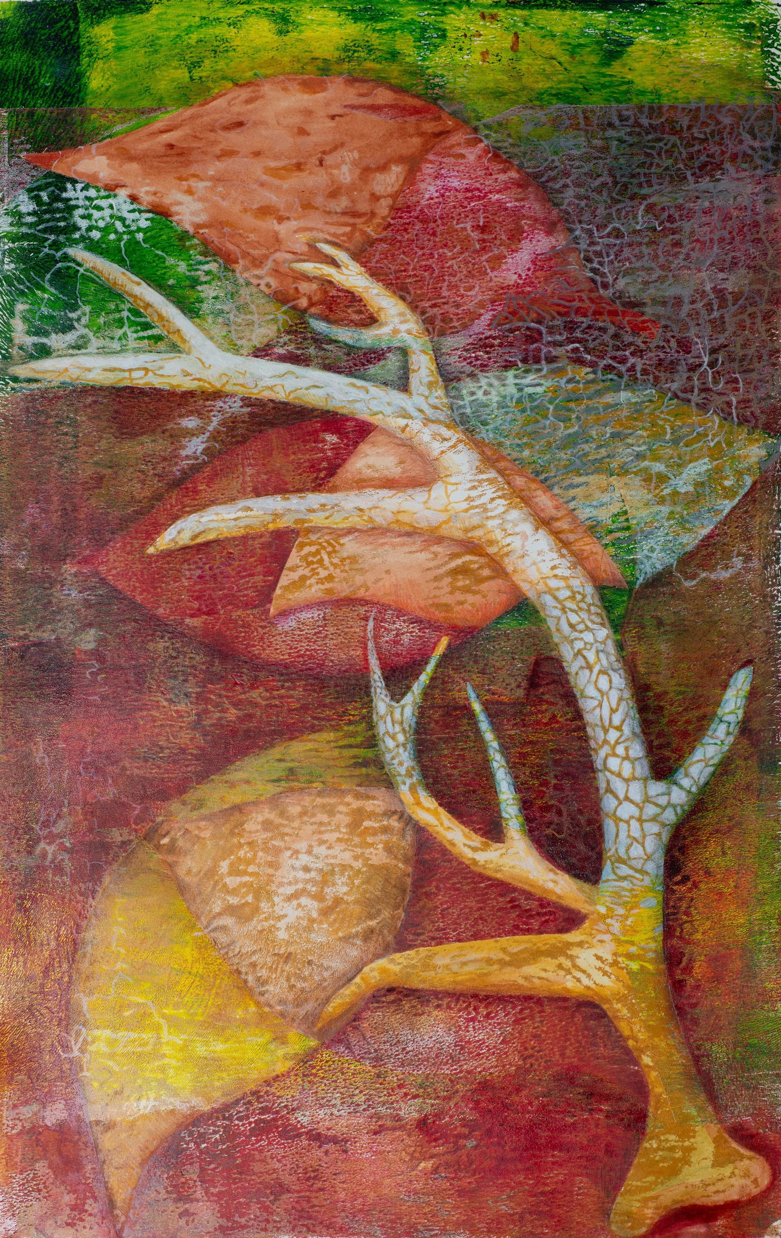 "Crackle Antler", Acrylic Monoprint on Paper, Drawing and Painting, 14"x 21.25", 2026