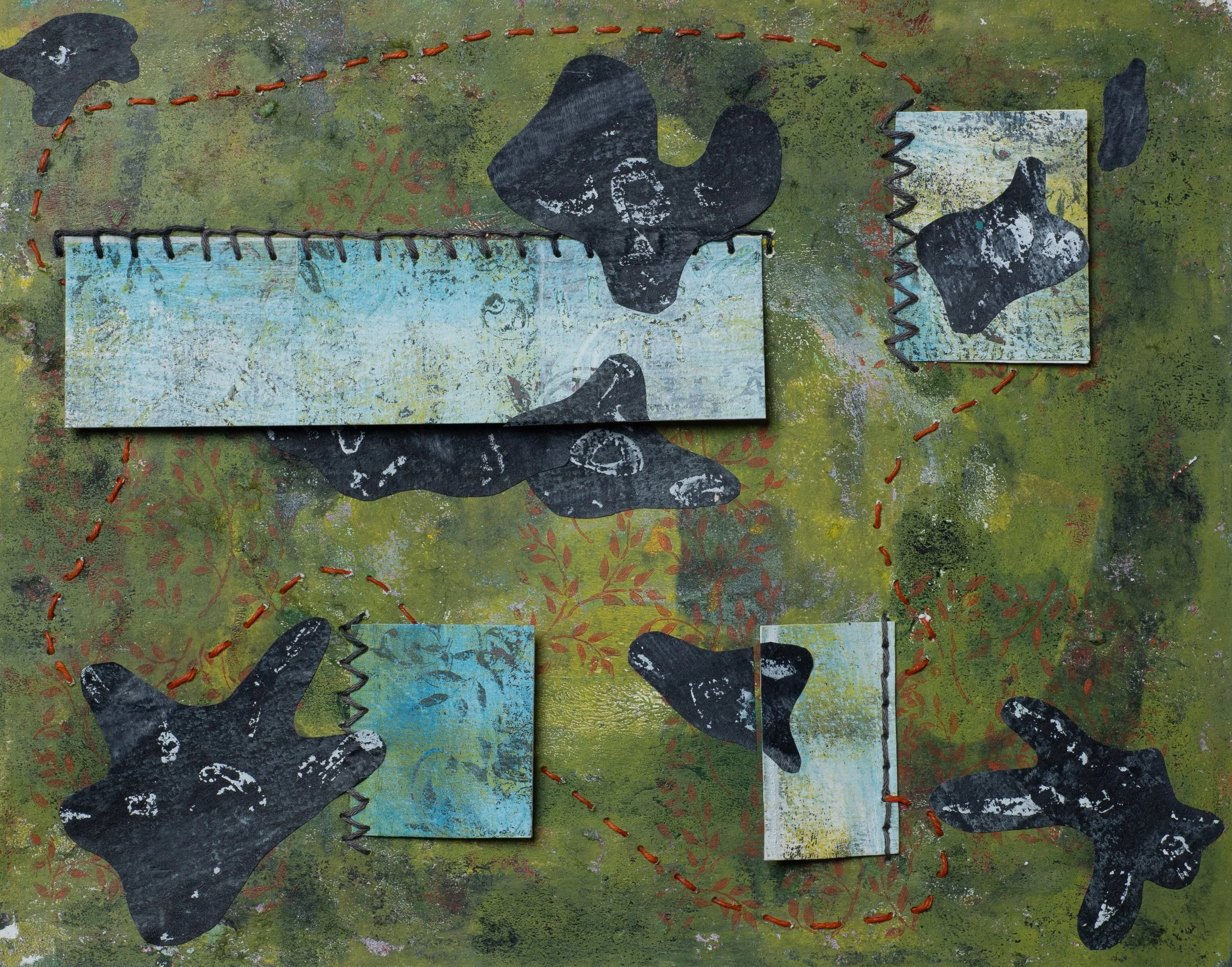 "Advent Collage", Acrylic Monoprint, Stitching and Collage on Paper, 10"x8", 2025