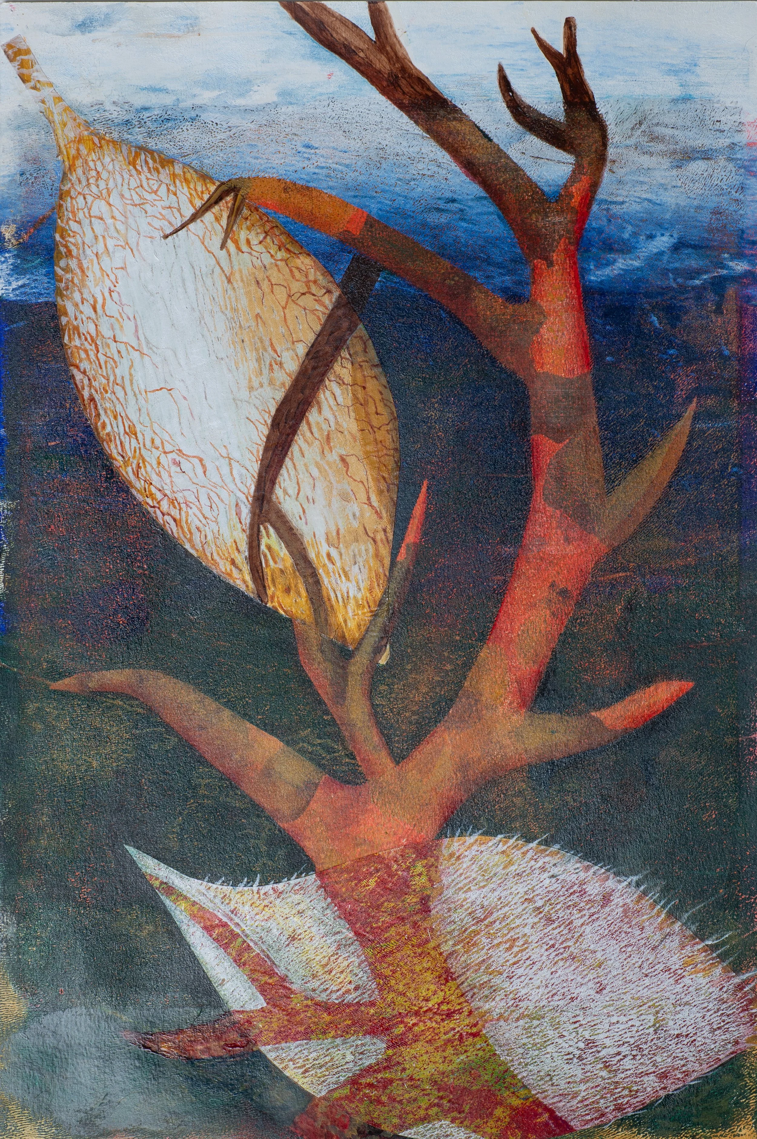 "Orange Antler and Two Fuzzy White Pods", Acrylic Monoprint, Colored Pencil and Painting on Paper, 12"x18", 2026