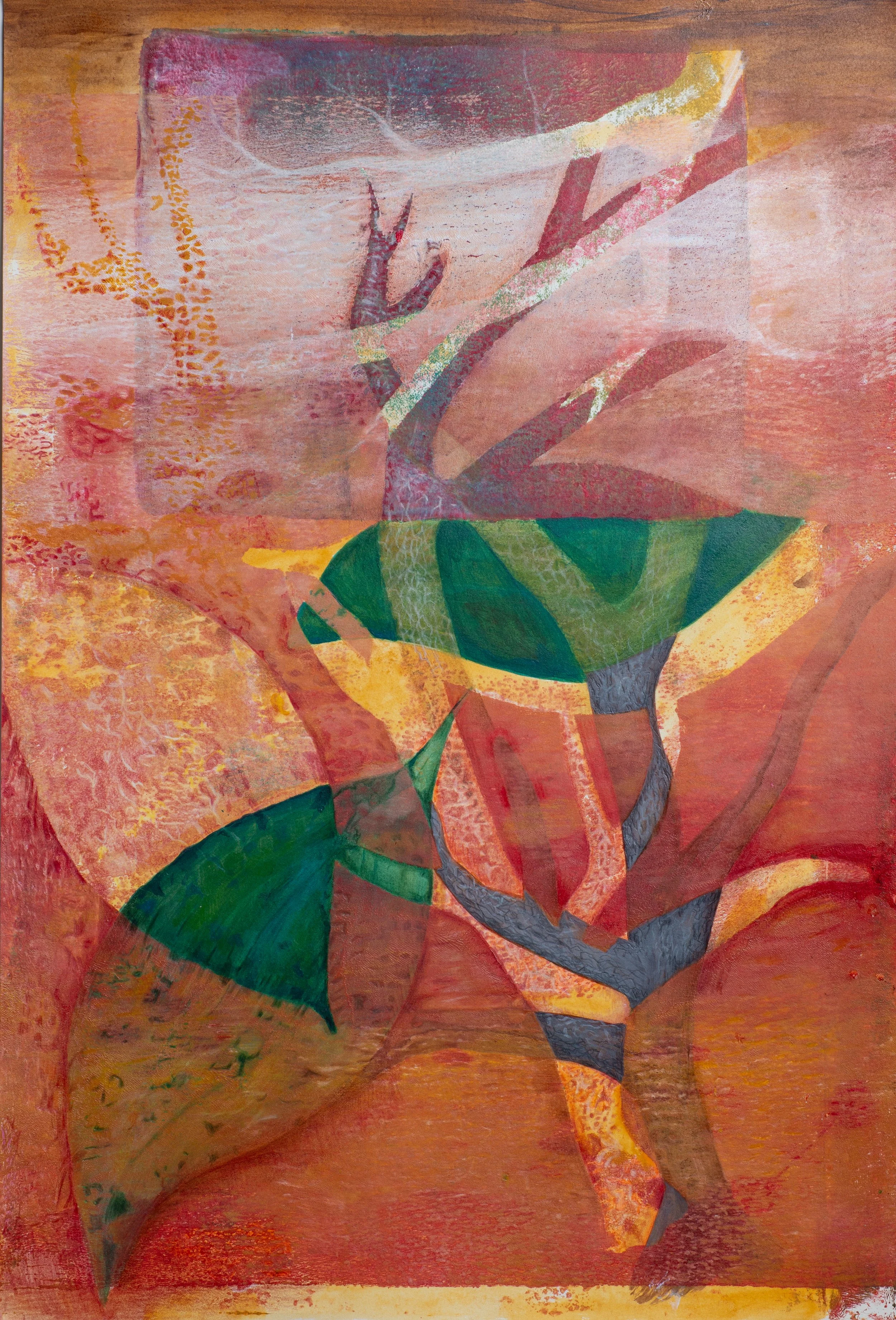 "Layered Leaves and Branch", Acrylic Monoprint on Paper, Drawing and Painting, 15"x 22", 2026