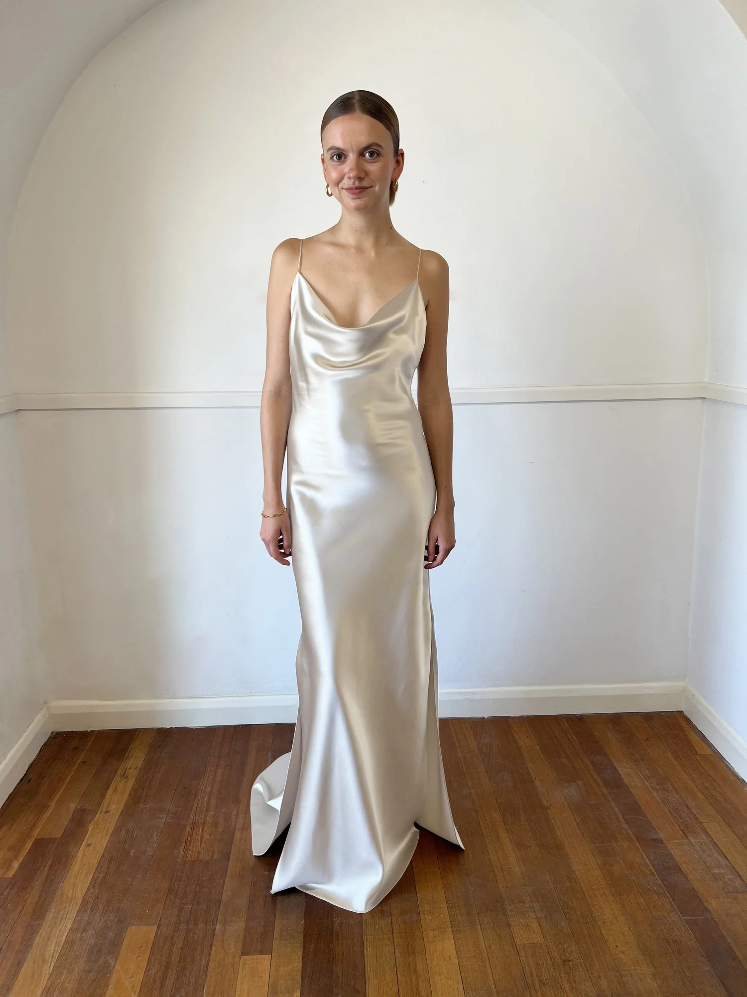 Mina Bias Cut Slip Dress With Train  Crease Studios