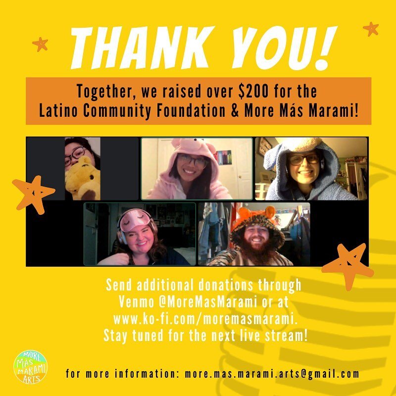 🙏🏽 Thank you to everyone who tuned in to our live stream last week! 😄 We were able to raise ~$225 for the Latino Community Foundation and @more.mas.marami! 

Stay tuned for our next stream in October and let us know if you have any suggestions or 