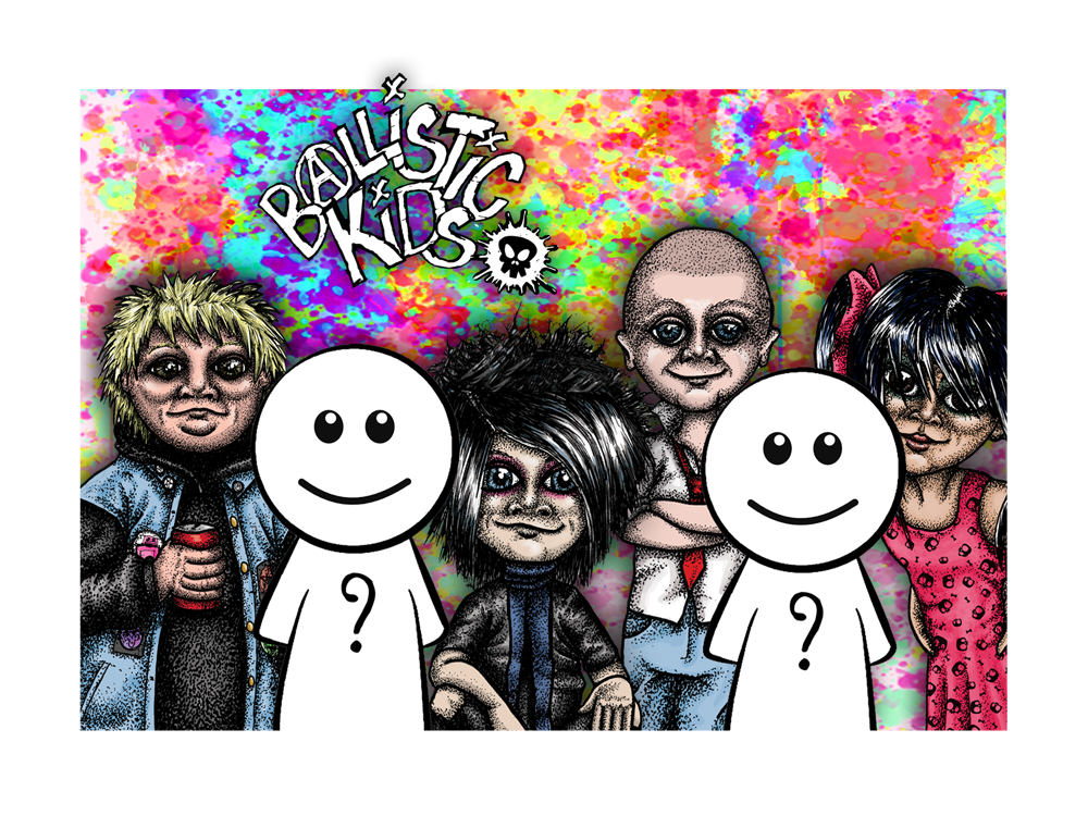 Mock up of Ballistic Kids Art Print with two placeholder meeple characters