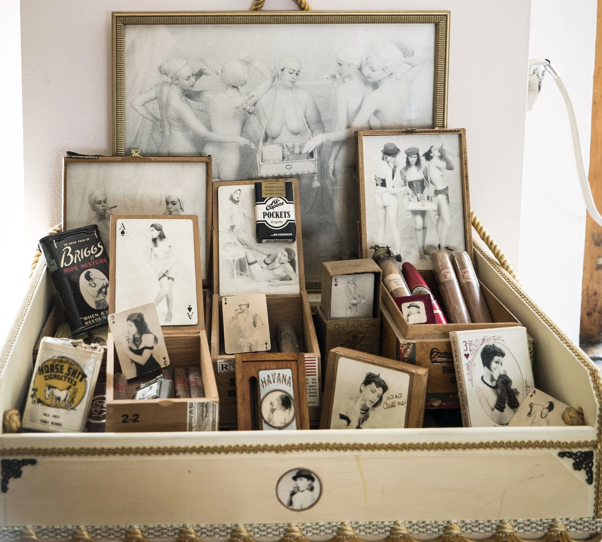 Cigar Box on The Wall - Detail

 

 2003, silver gelatin print toned with tea and mixed media, w:20’’ h:23’’ d:14.5” 