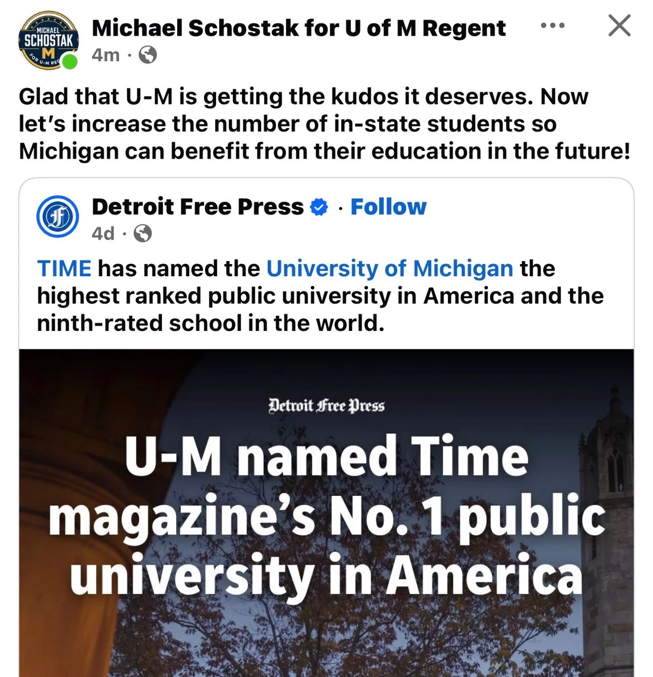 U-M is the #1 public university in America. Unfortunately over half the students there are not from Michigan. This needs to change - our state&rsquo;s future depends on it! Go Blue!
