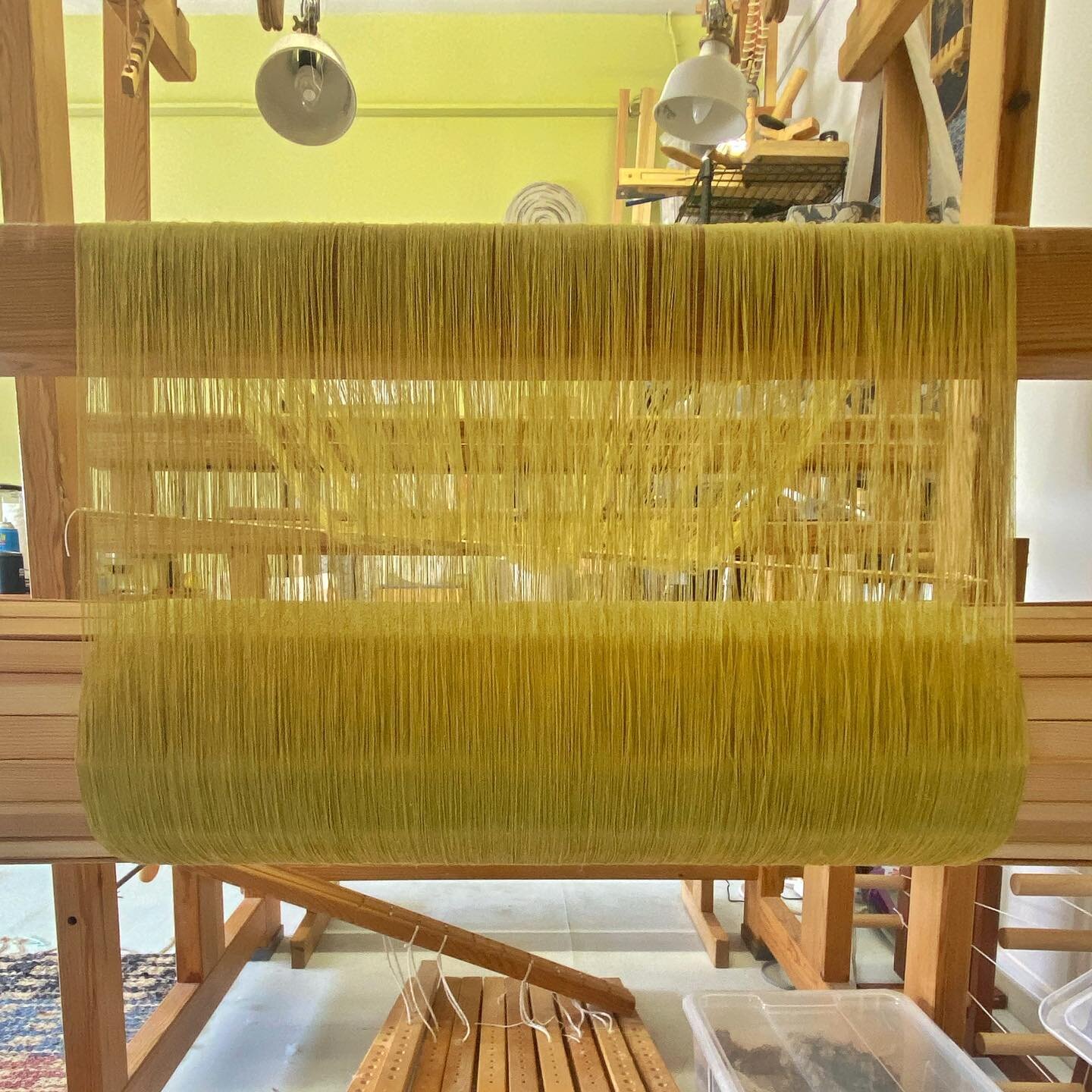 It there much more satisfying than a firm, just-beamed, fine linen warp? At forty-eight ends per inch, this 16/1 linen put up a bit of a fight. It is only my second time using a warping trapeze. Thank you @duellingrabbitshandweaving for your advice a