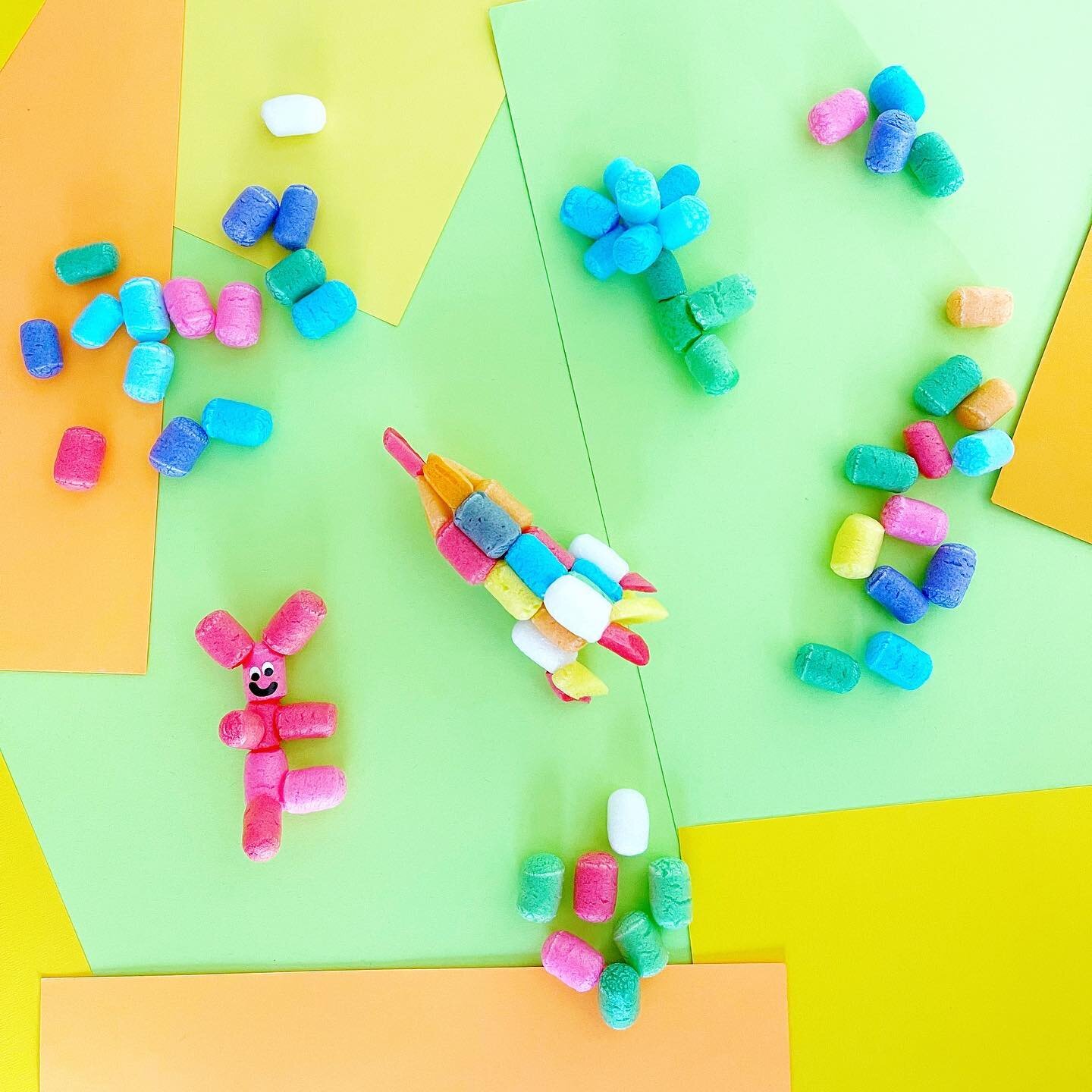 Using your imagination is a piece of cake with these awesome foam packing peanuts! We found ours at @target but you can use any biodegradable packing peanut. We wet the end of each peanut and we had so much fun building a bunny, a rocket ship and a f