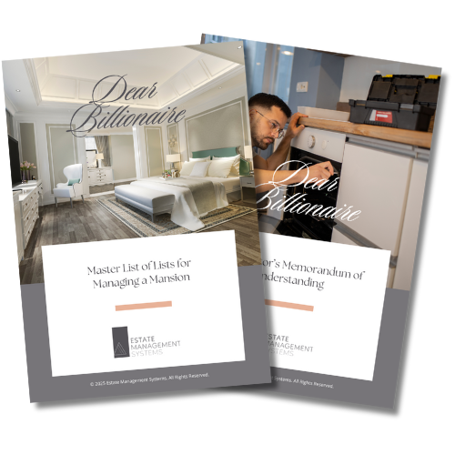 Two booklets titled 'Dear Billionaire,' one showing a luxurious bedroom and the other featuring a man working on a booklet, related to estate management.