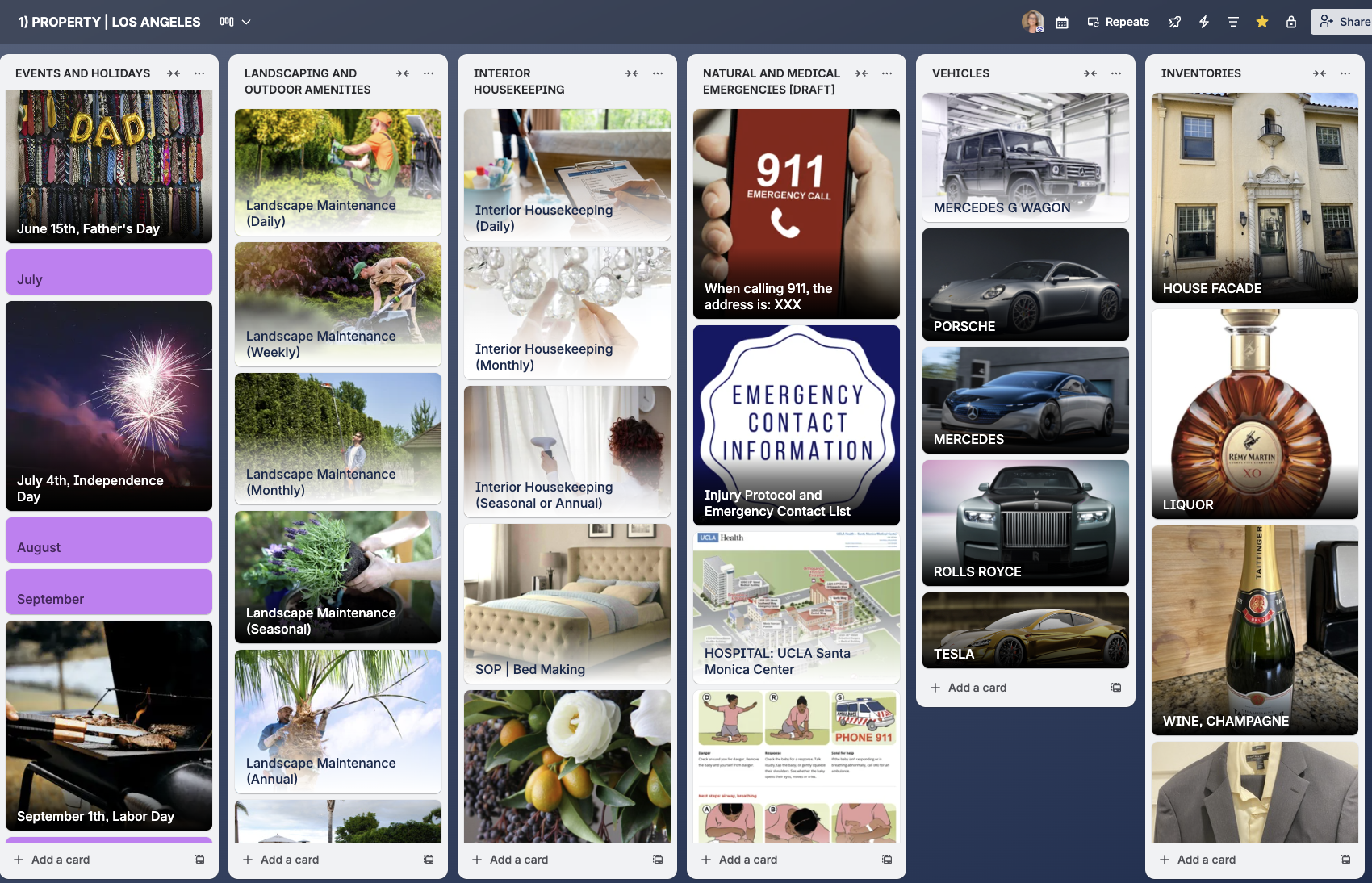 Dashboard displaying property management tasks and information, including events, holidays, landscaping, indoor housework, emergency contacts, vehicle listings, and inventory images.