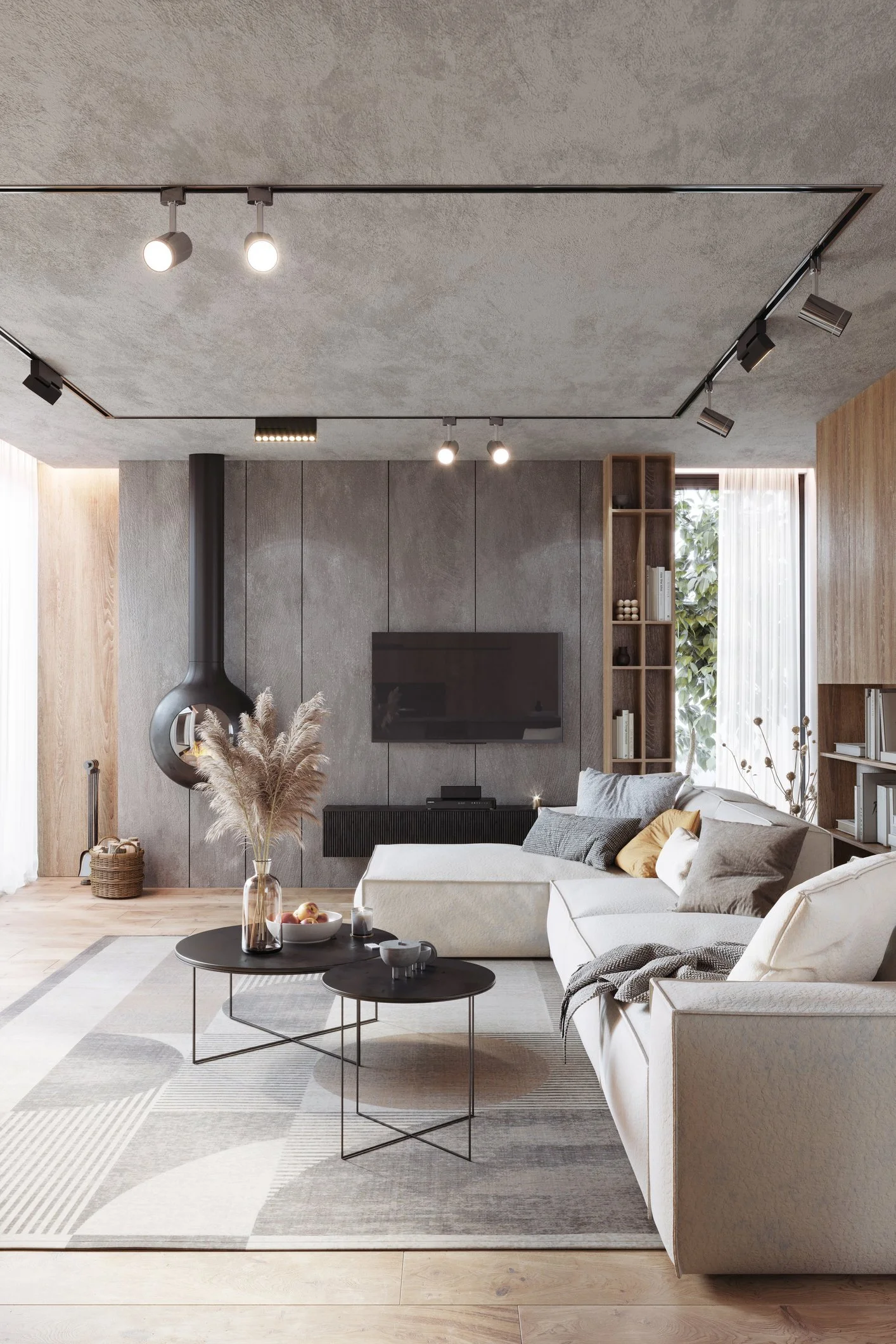 Modern living room with white sofas, black coffee tables, gray wall, mounted TV, wooden shelving, and large window with curtains.