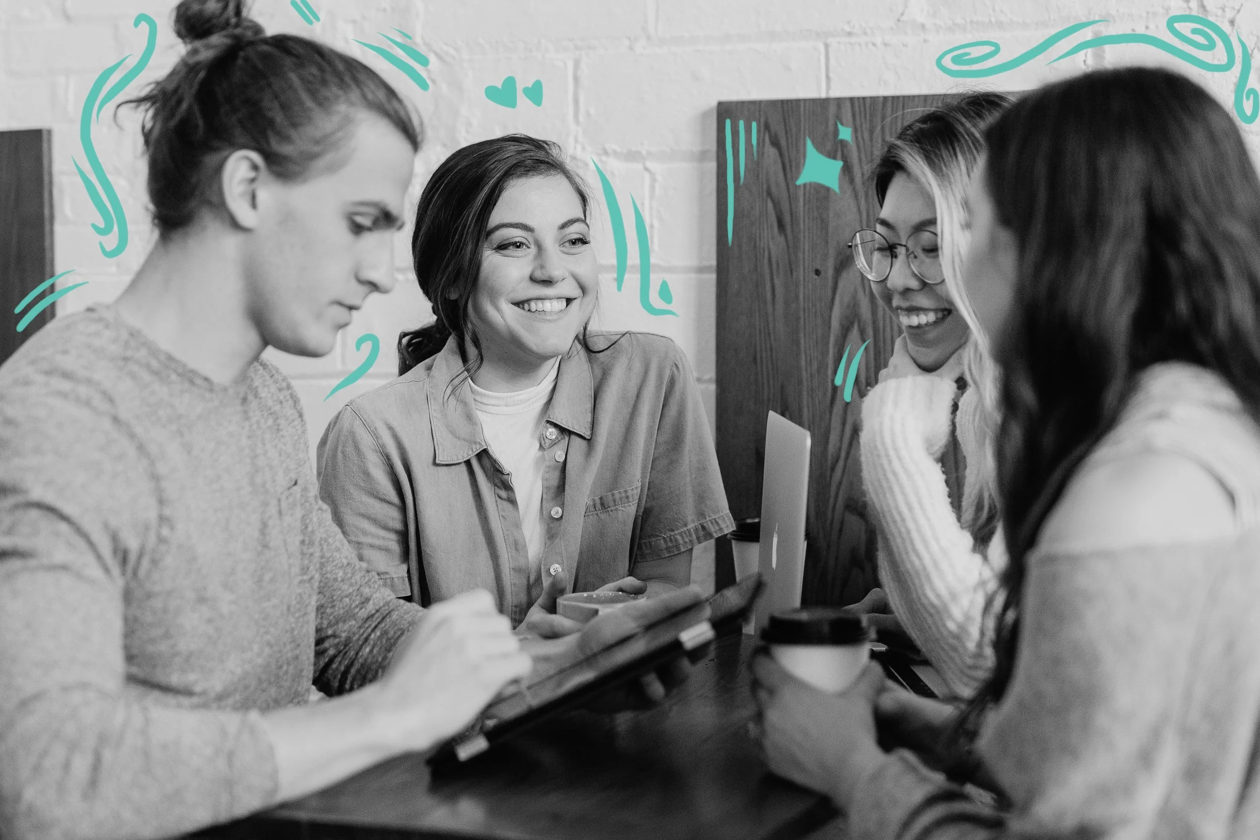Platonic friends chatting around a table