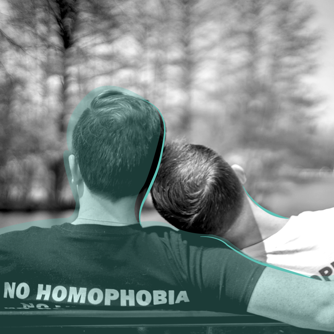 Same sex couple with backs turned to camera, shirt says 'no homophobia'