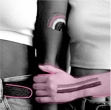  Holding of hands with rainbows painted on arms 