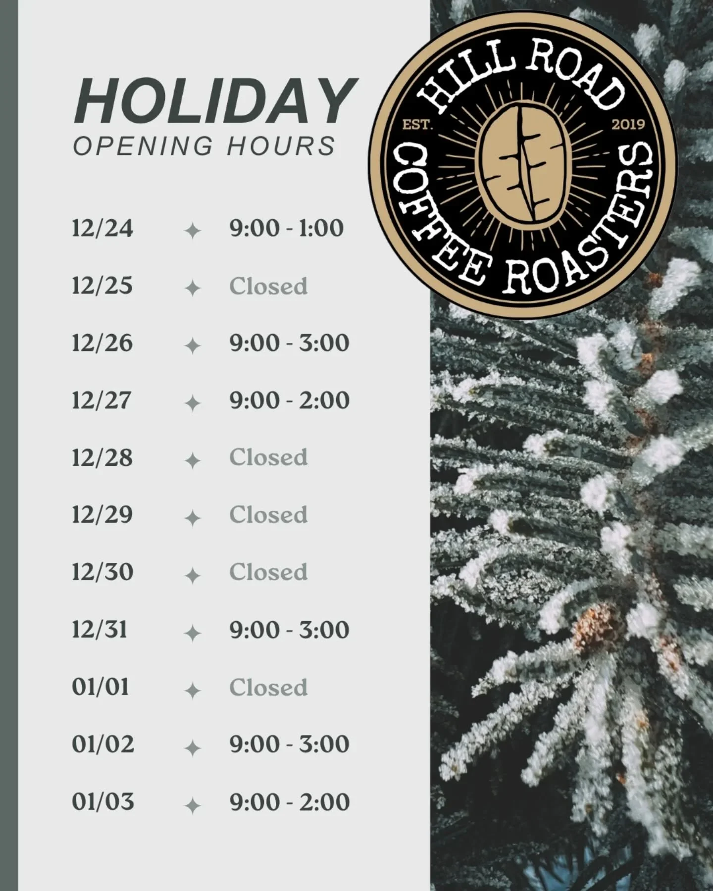 Take note! A few changes to our schedule this month:
❄️ We will close early on the 24th
❄️ CLOSED 25th
❄️ CLOSED 28th - 30th (NO MARKETS)
❄️ CLOSED New Year's Day
Home deliveries will carry on as usual. Just enter your zip code at check out (Reading 