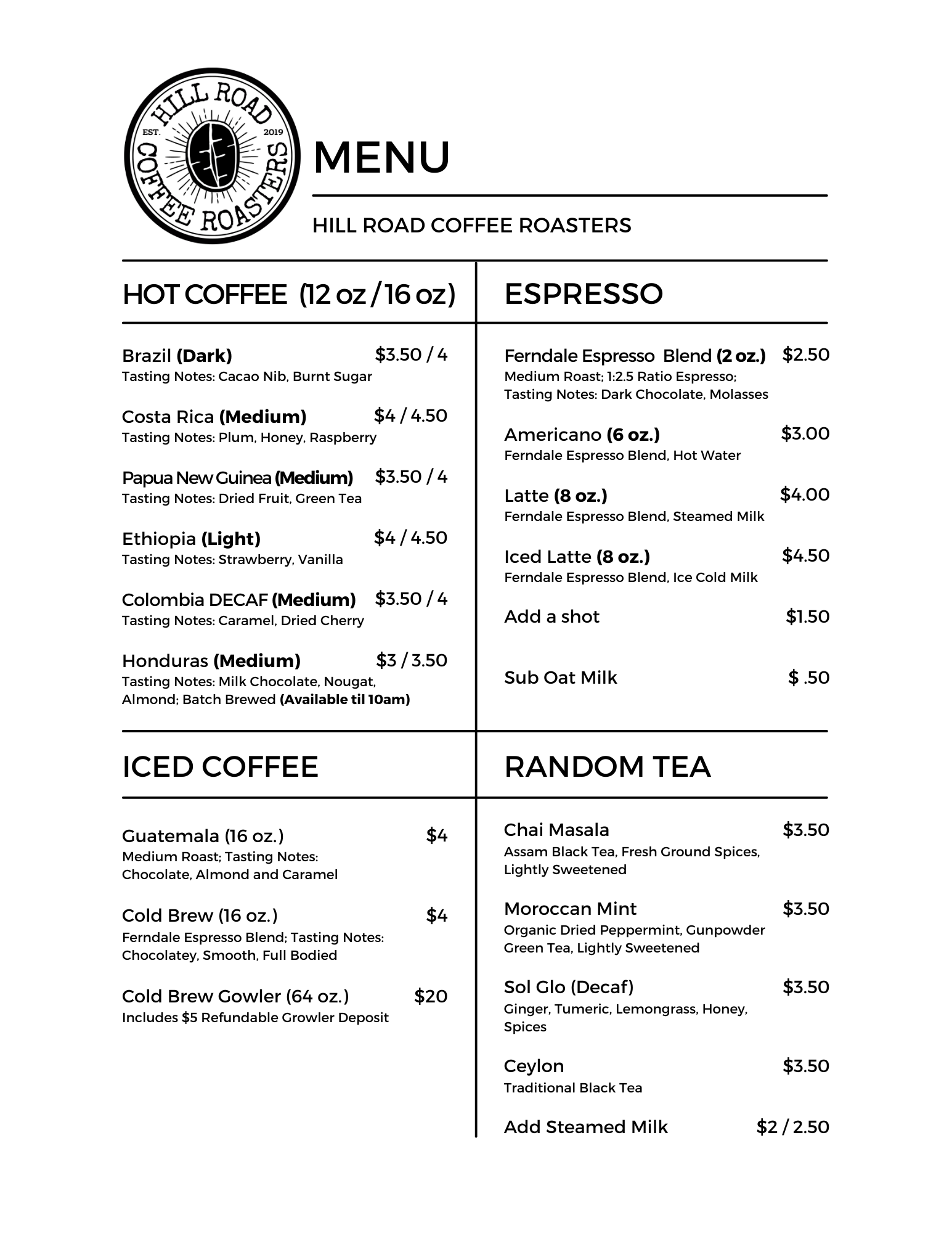 Coffee Bar Menu — Hill Road Coffee Roasters