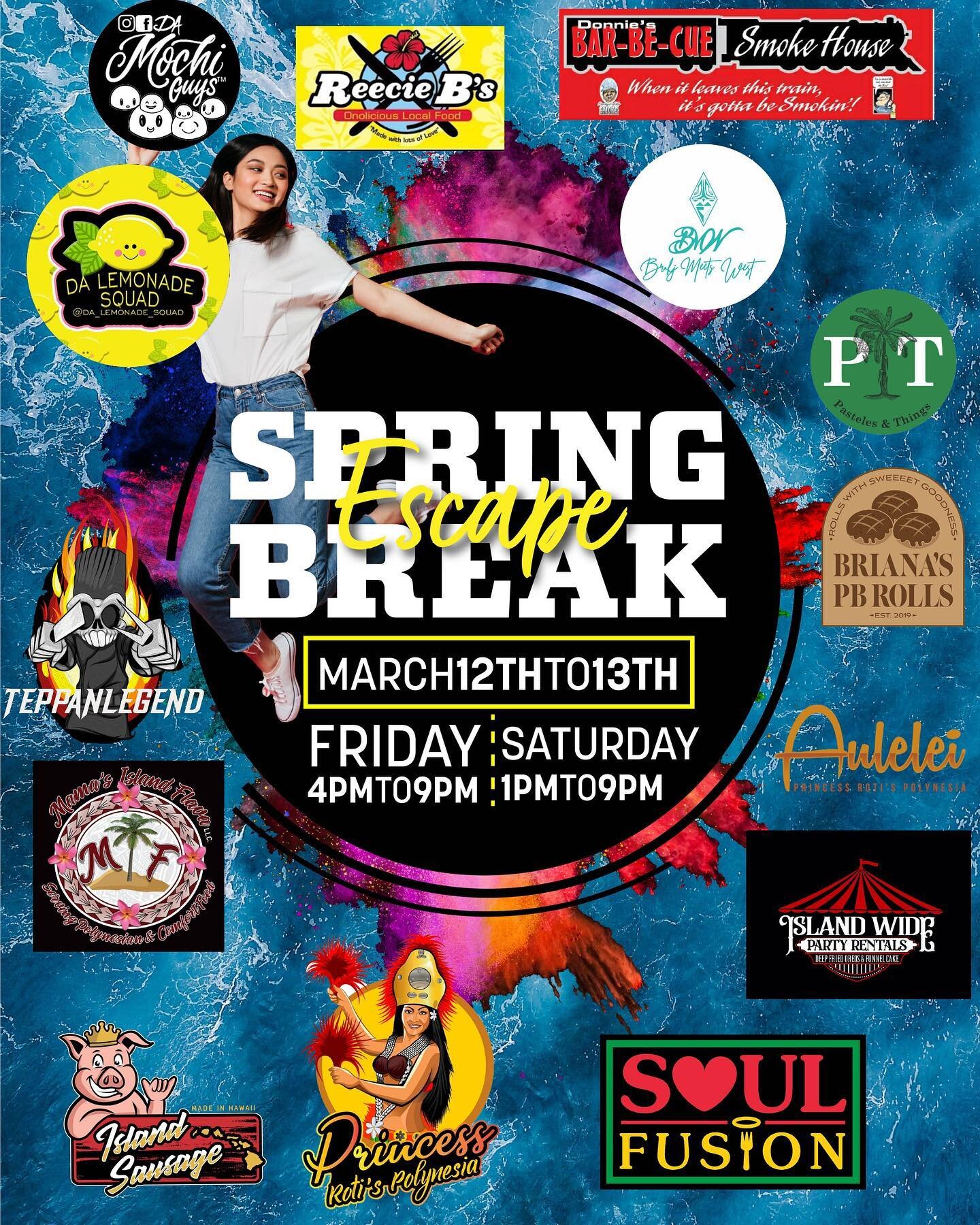Join us on Saturday March 13th for Spring Break Escape at iTrampoline! Serving you ONO Hawaiian Food &amp; Local Favorites.

Standby For Our Special Event Menu!

Our sister company @aulelei.hawaii will have a booth as well 💛