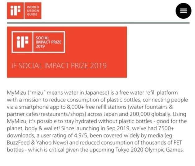 mymizu: winner of the iF World Design Guide "Social Impact Prize 2019"!