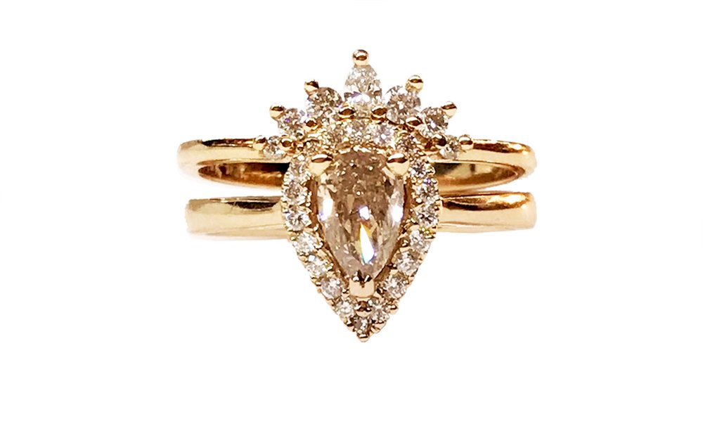 Champagne pear-shaped Diamond Engagement Ring with matching Diamond 'Tiara' Wedding Ring by TORY & KO..jpg