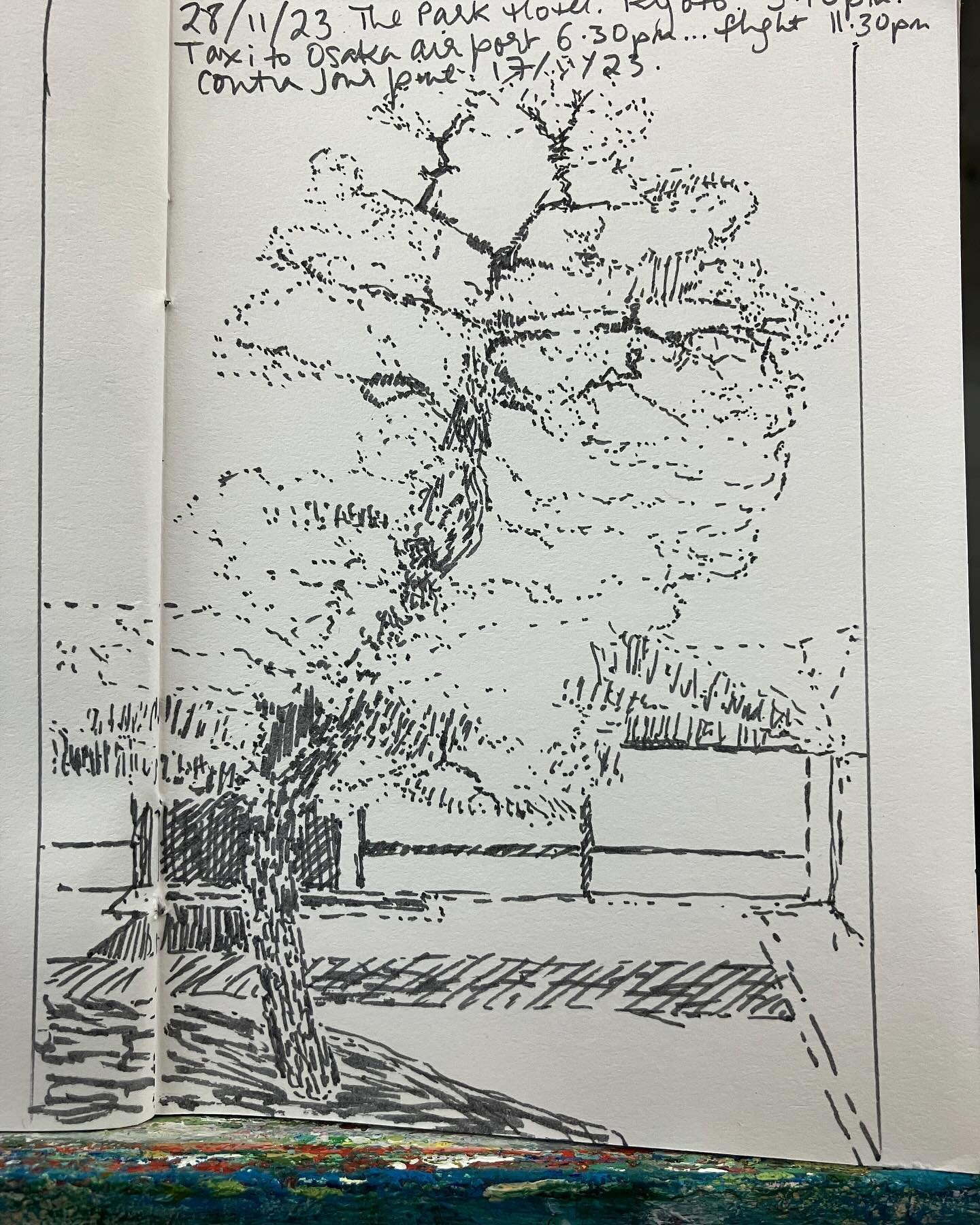 Sketch while waiting for transport to the airport. This one has potential for a painting. I&rsquo;m excited by the tree trunk sinuously weaving from the lower left foreground up into the more ambiguous upper right spatial plane. 

Made in Ross Galler