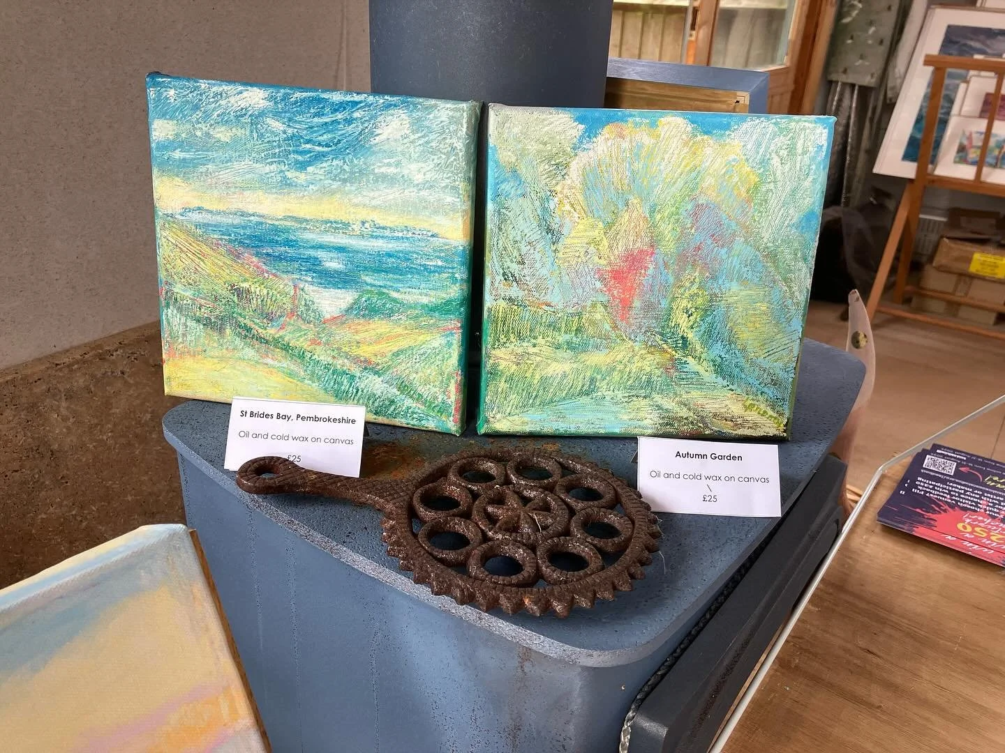 @worcestershireopenstudios  we are open in Welland this bank holiday weekend. #4,5,6,7 and 8 in the brochure.
Plenty of unexpected delights to be found. Not least , these two small canvases, they offer a contrast to my cool, treeless Svalbard paintin