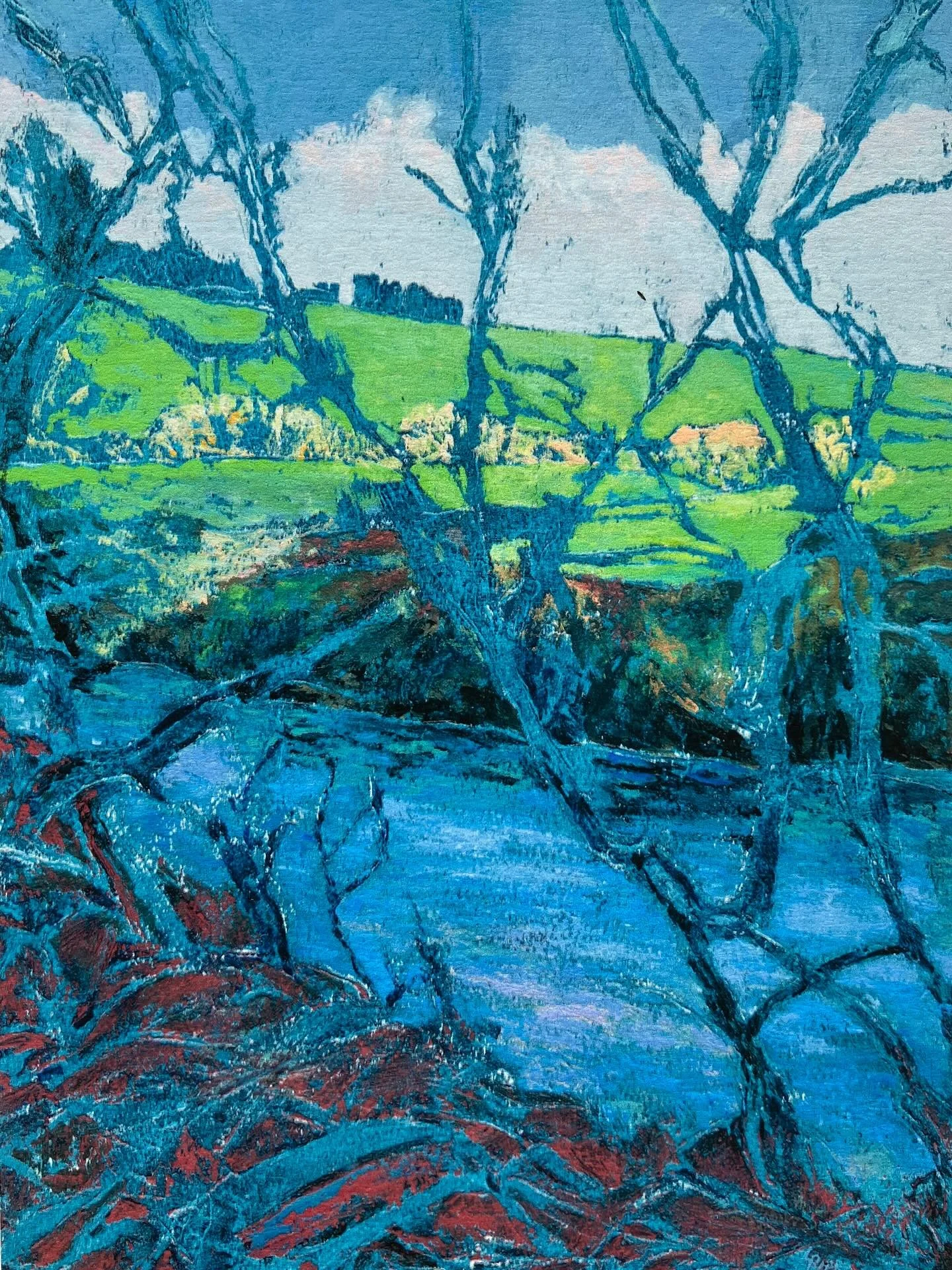@herefordshireartweek
 &ldquo; River Wye, Goodrich Castle, February Afternoon&rdquo; has been sold from @madeinross 
Lines and negative spaces are a very deep motif for me. When my landscapes are hung together I see so many branches and roots. There 
