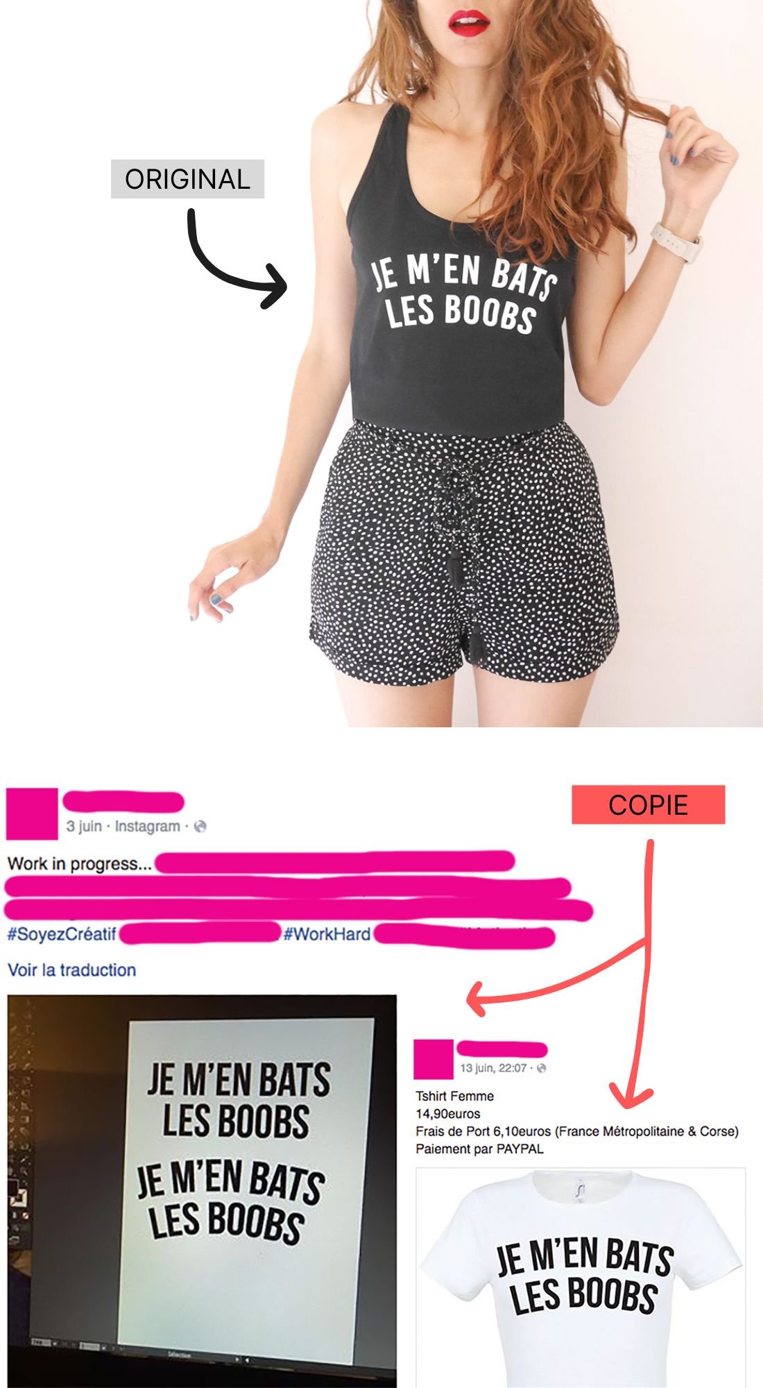 Une femme porte un débardeur noir avec l'inscription « Je m'en bats les boobs ». Il s'agit d'une photo d'une boutique en ligne montrant aussi la même inscription sur un t-shirt blanc à vendre.