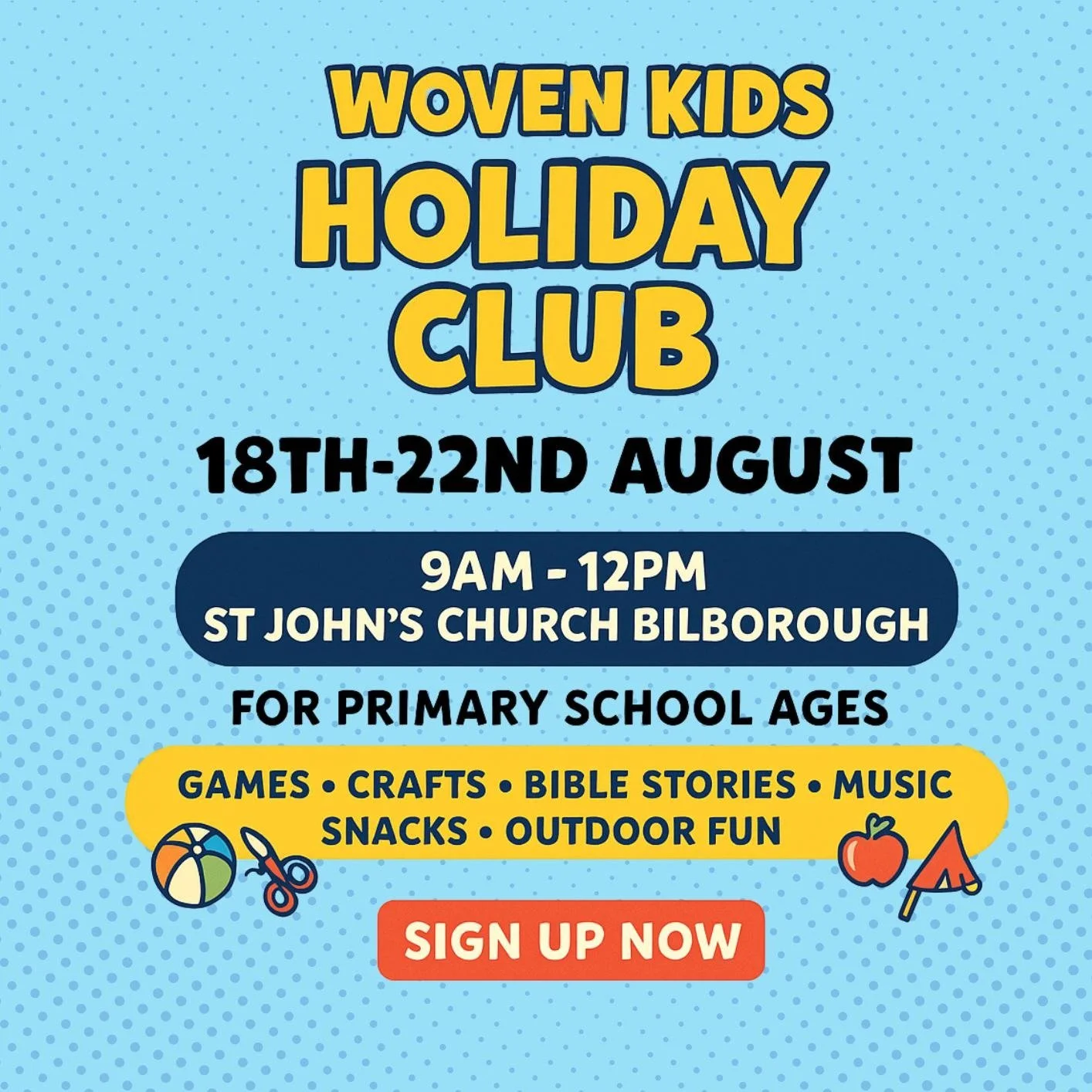 Woven Kids Holiday club
Sign up here: https://fienta.com/woven-together-136633

See our website for more info https://wearewoven.church/new-page-11