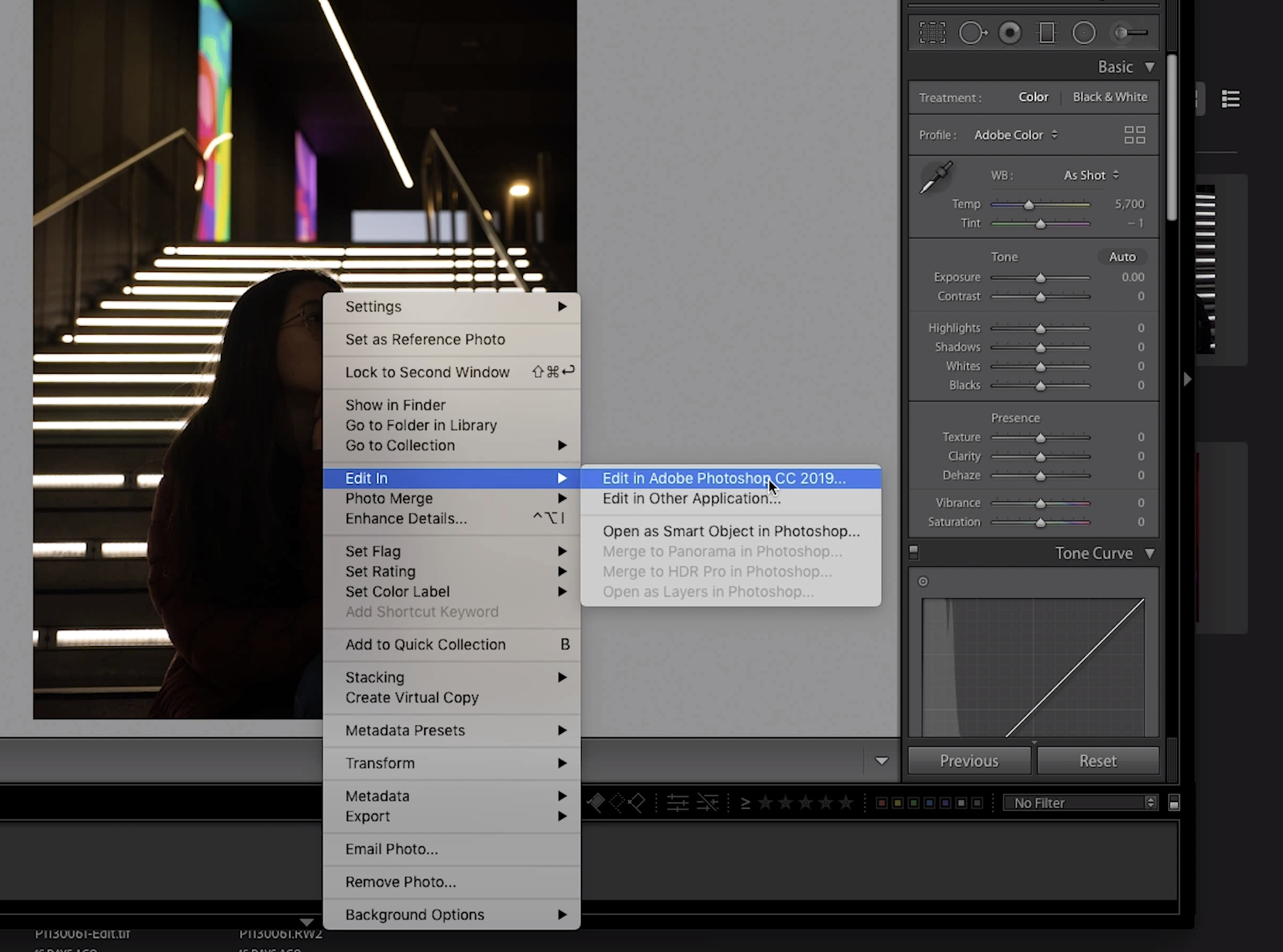 Step 2: After opening the photo in LR, right click and select edit in Photoshop.
