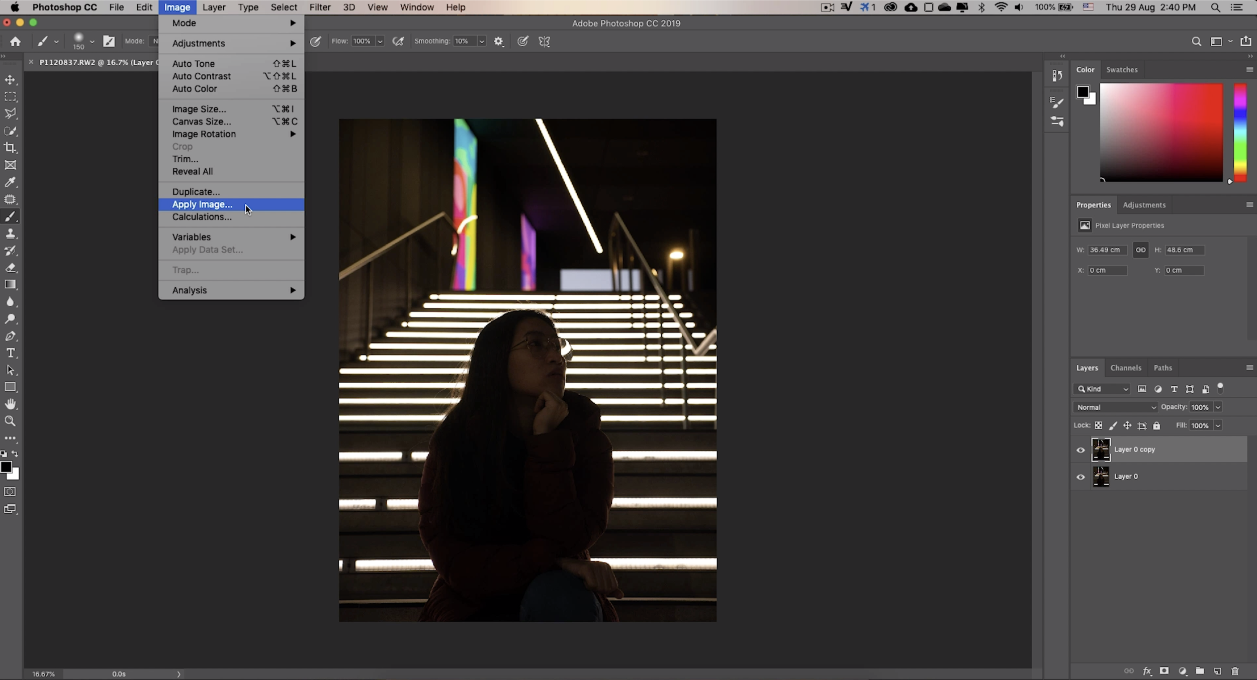 Step 4: Select the copy layer, head to Image tab and find the apply image button.