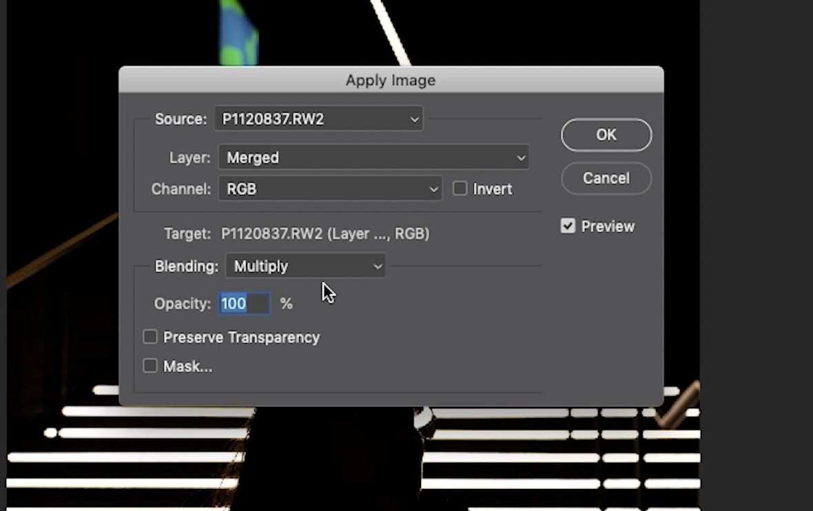 Step 5: You’ll see this tab open up. At the Blending option, select multiply and make sure that the opacity is 100%