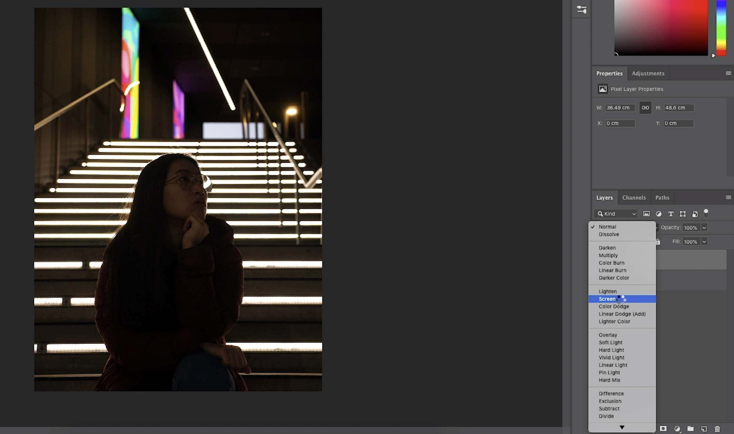 Step 6: Head over to the right panel, you’ll see the drop down bar with normal selected. Click on it and select screen.  As you select the screen mode, the light in the photo is slight brighter now.