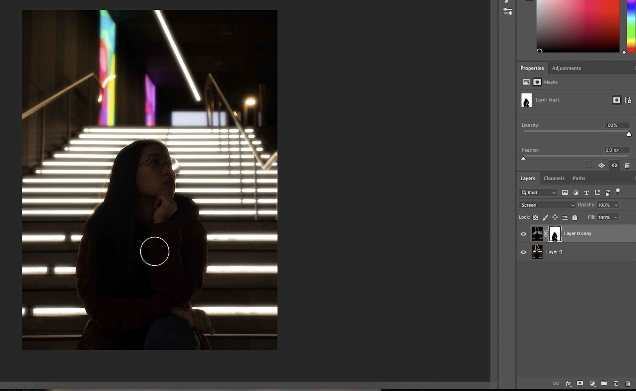 Step 8: Once you’re done with that, create a vector layer on the copy layer and start removing the leaked glow on the subject.  As the subject is in front of the lights, it doesn’t make sense for the subject to have glowing lights in front. So carefully erase the unwanted blur. Once you’re done, save the photo and return back to Lightroom.