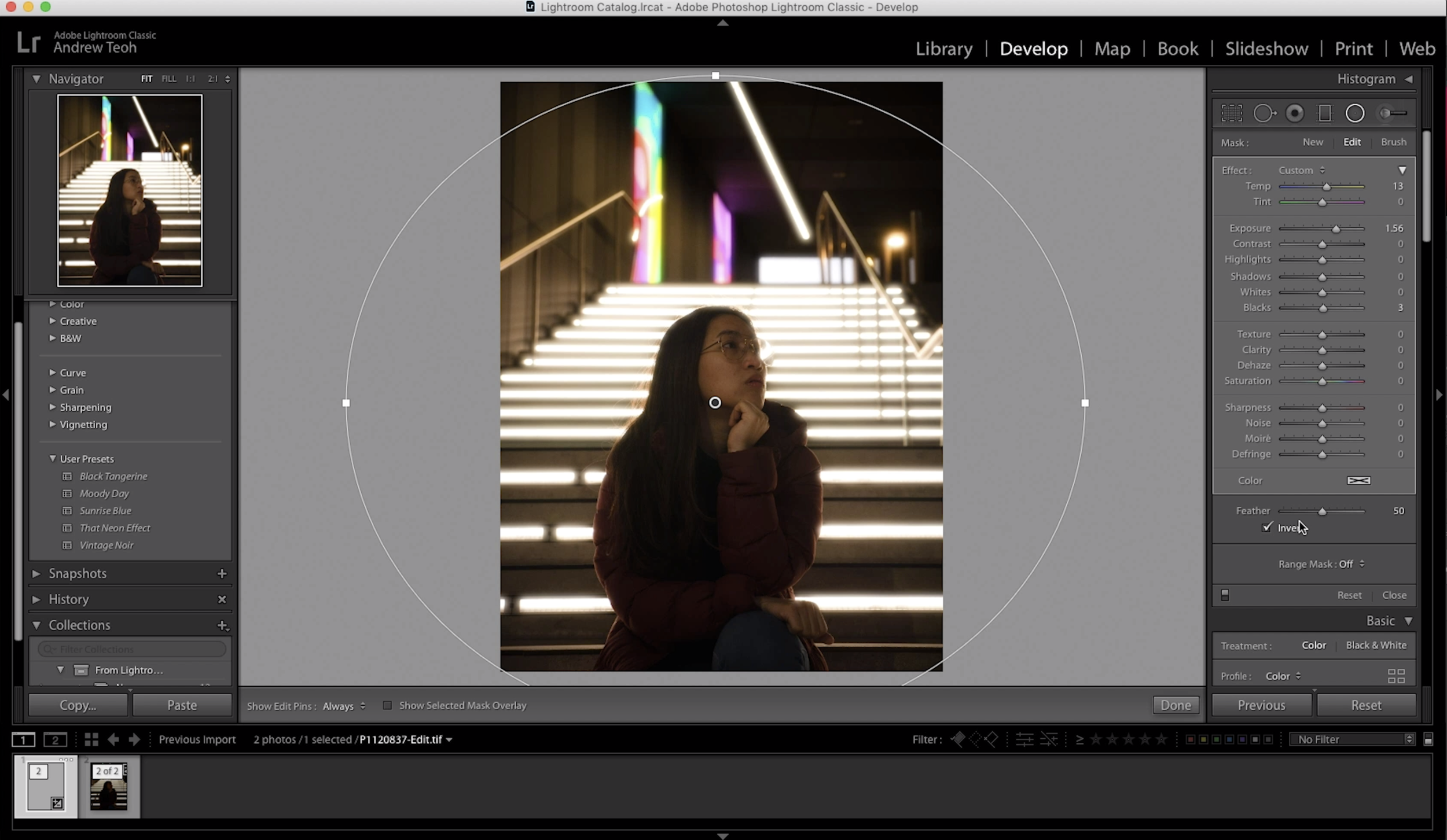 Step 9: This will be a slightly long step. Once you’re back into Lightroom, go and select the radial tool. Create a circle around the areas that you want to change the lighting colours.  After that, on the right penal, tick the invert box and increase the feather value to the maximum. This will create a soft bright tone as you can see from the picture above.