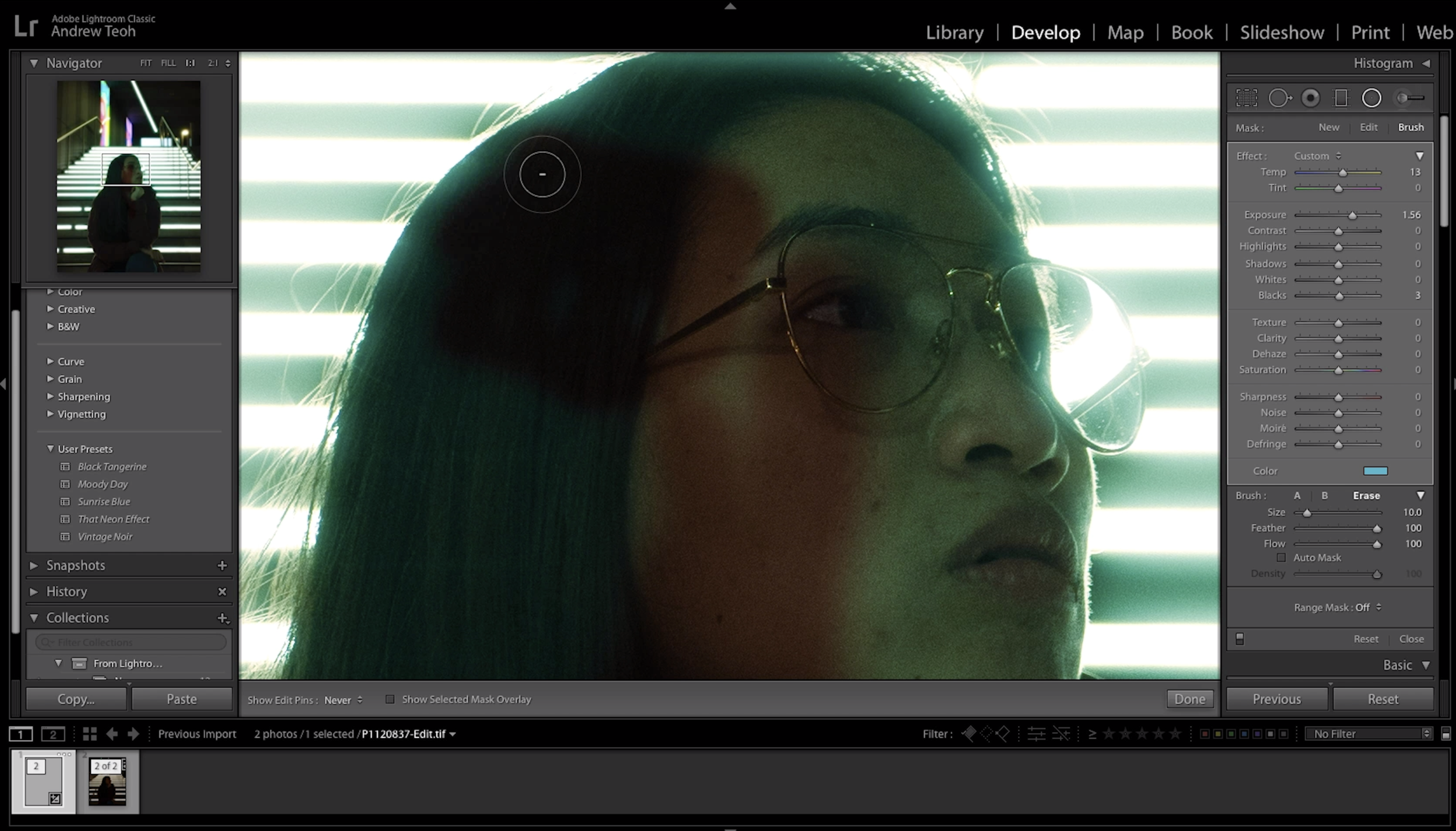 Step 11: Now you have the right lightings, but that’s an ugly green layer on your models face. So what can you do about it?  Under the selected radial tool, you’ll see the brush tab on the right. Click on that can select erase a the bottom at the brush section and start removing the excessive colour on the model.  Zoom in and adjust your erase pointer for better precision while erasing the layer.